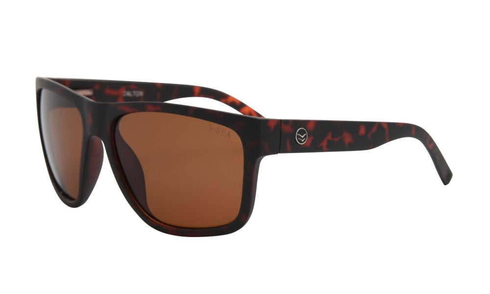 Sunglasses with red and black frame and brown lenses on a white background.
TORT / BROWN POLARIZED LENS