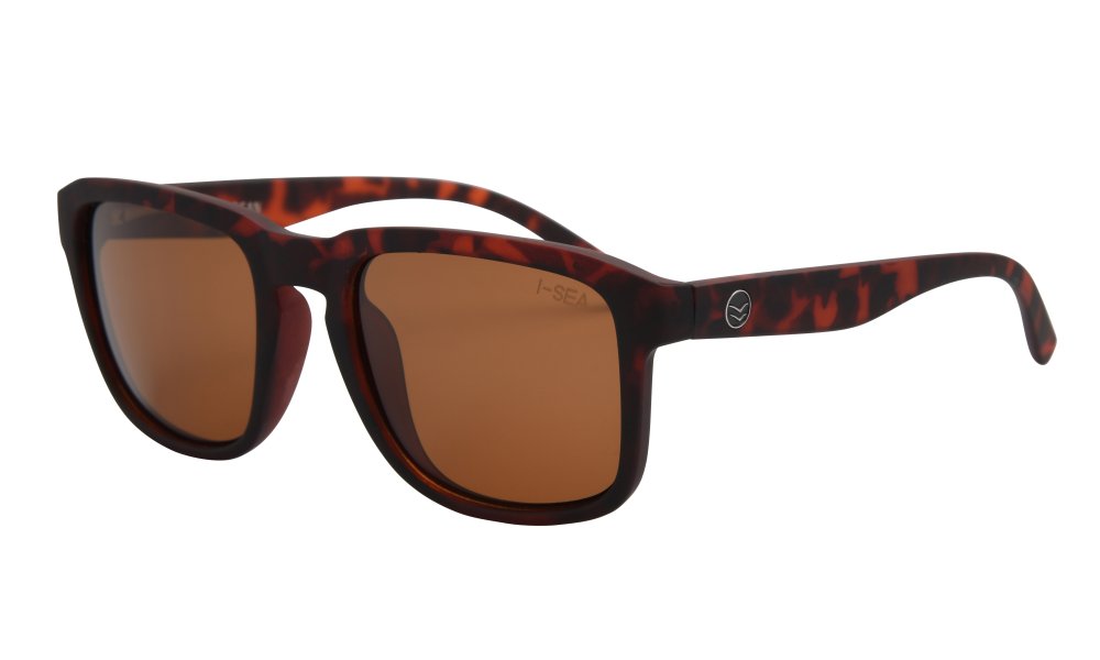 Sunglasses with tortoiseshell frame and brown lenses on a white background.
TORT / BROWN POLARIZED LENS