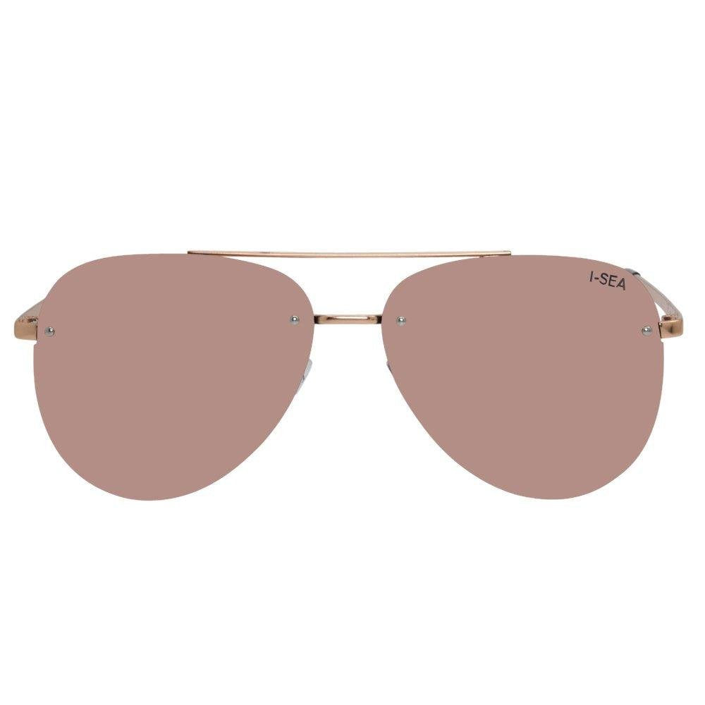 Aviator sunglasses with gold frame and pink lenses on a white background.
ROSE GOLD / ROSE GOLD POLARIZED LENS