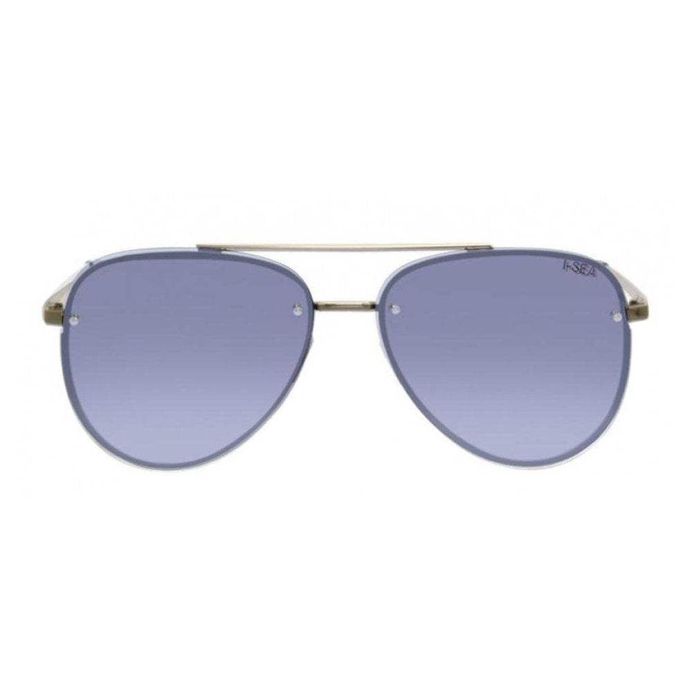 Aviator sunglasses with gold frame and blue lenses on a white background.
GOLD / PERIWINKLE MIRROR LENS