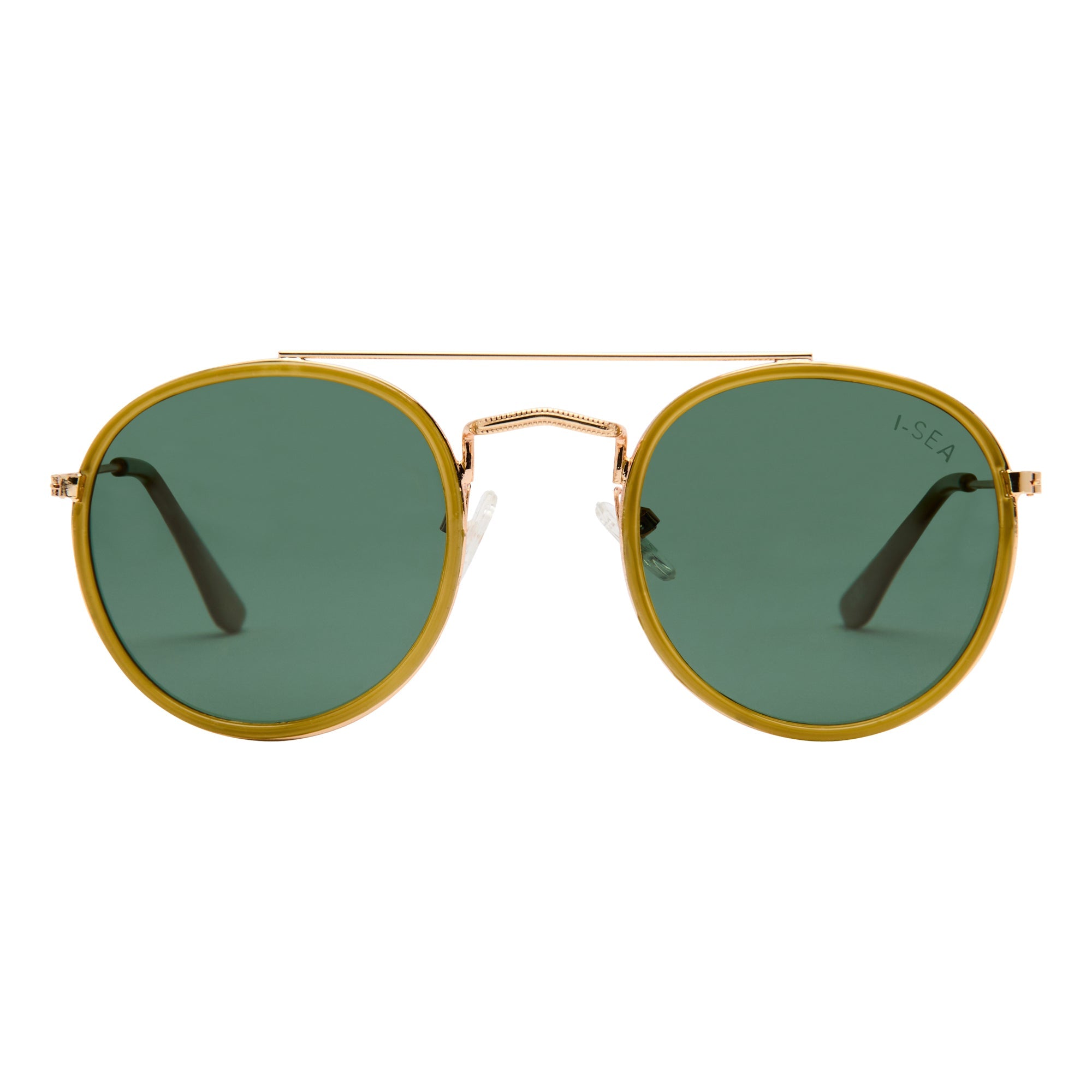 Gold-framed sunglasses with green lenses on a white background.
MOSS / GREEN POLARIZED LENS