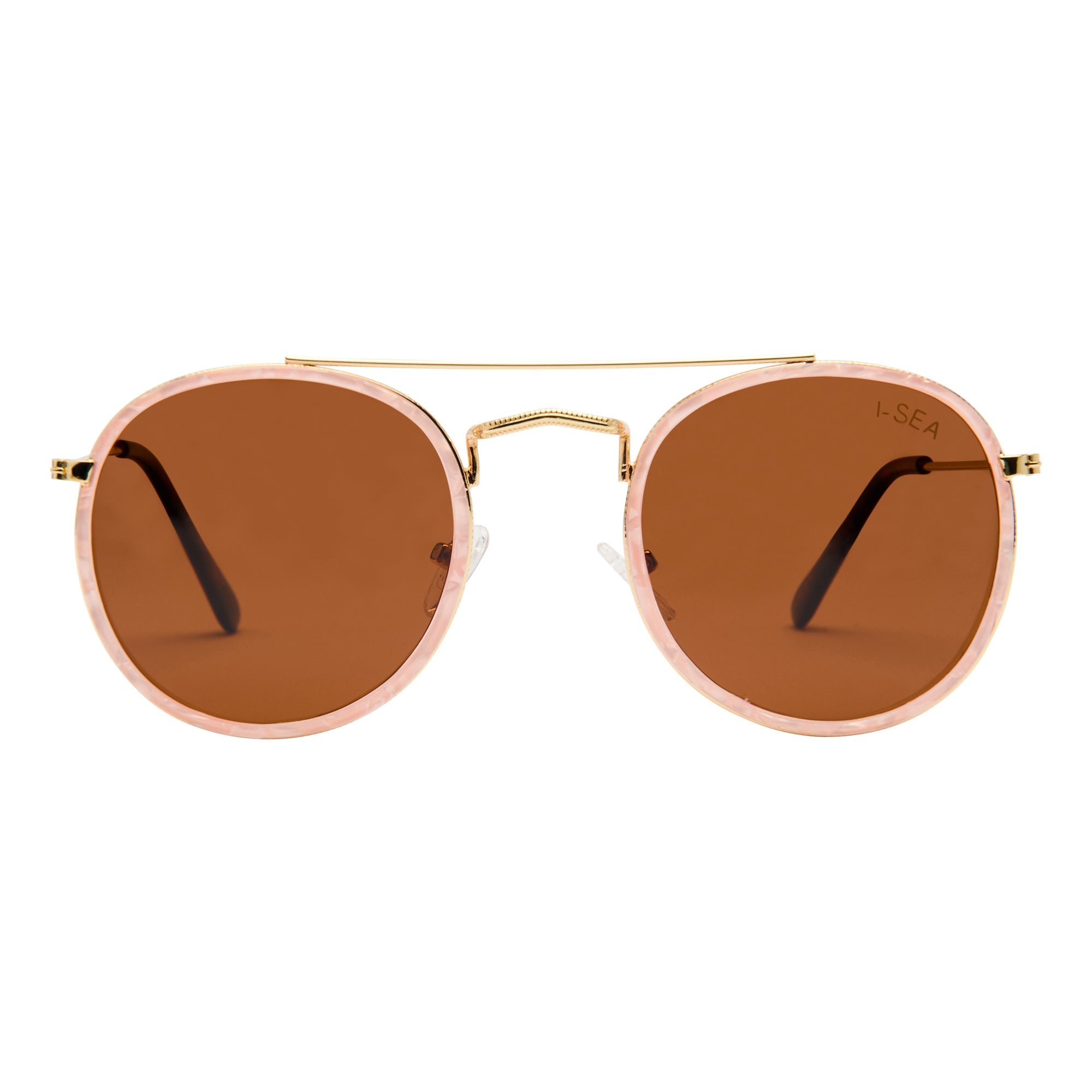 Round sunglasses with gold frame and brown lenses on a white background.
PEARL / BROWN POLARIZED LENS