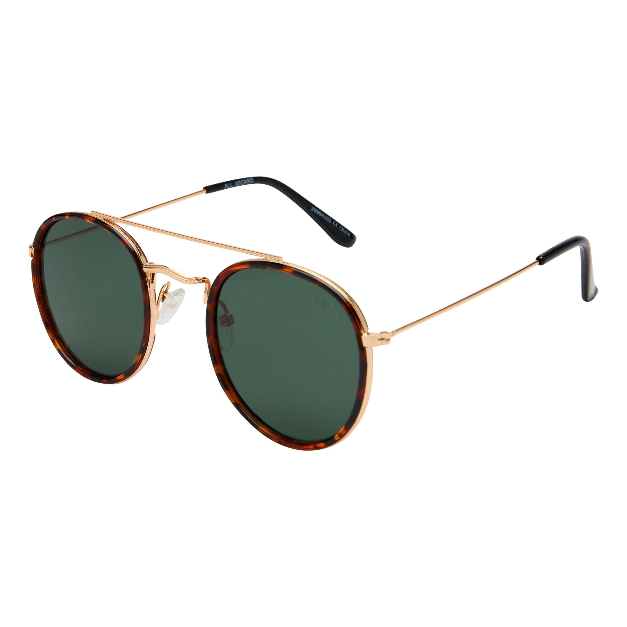 Sunglasses with gold frame and green lenses on a white background.
MATTE TORT / GREEN POLARIZED LENS