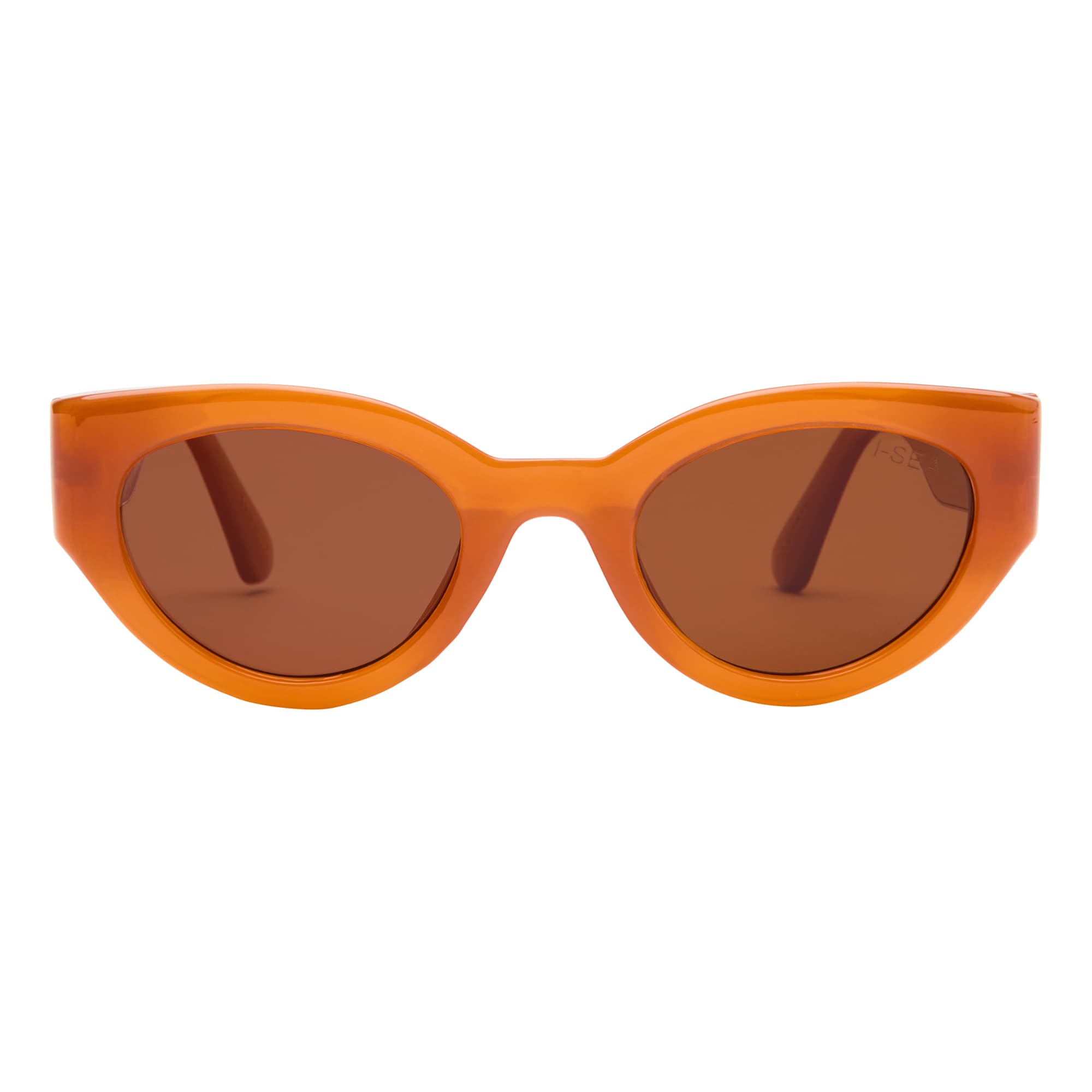 Orange sunglasses with brown lenses on a white background.
APRICOT / BROWN POLARIZED LENS