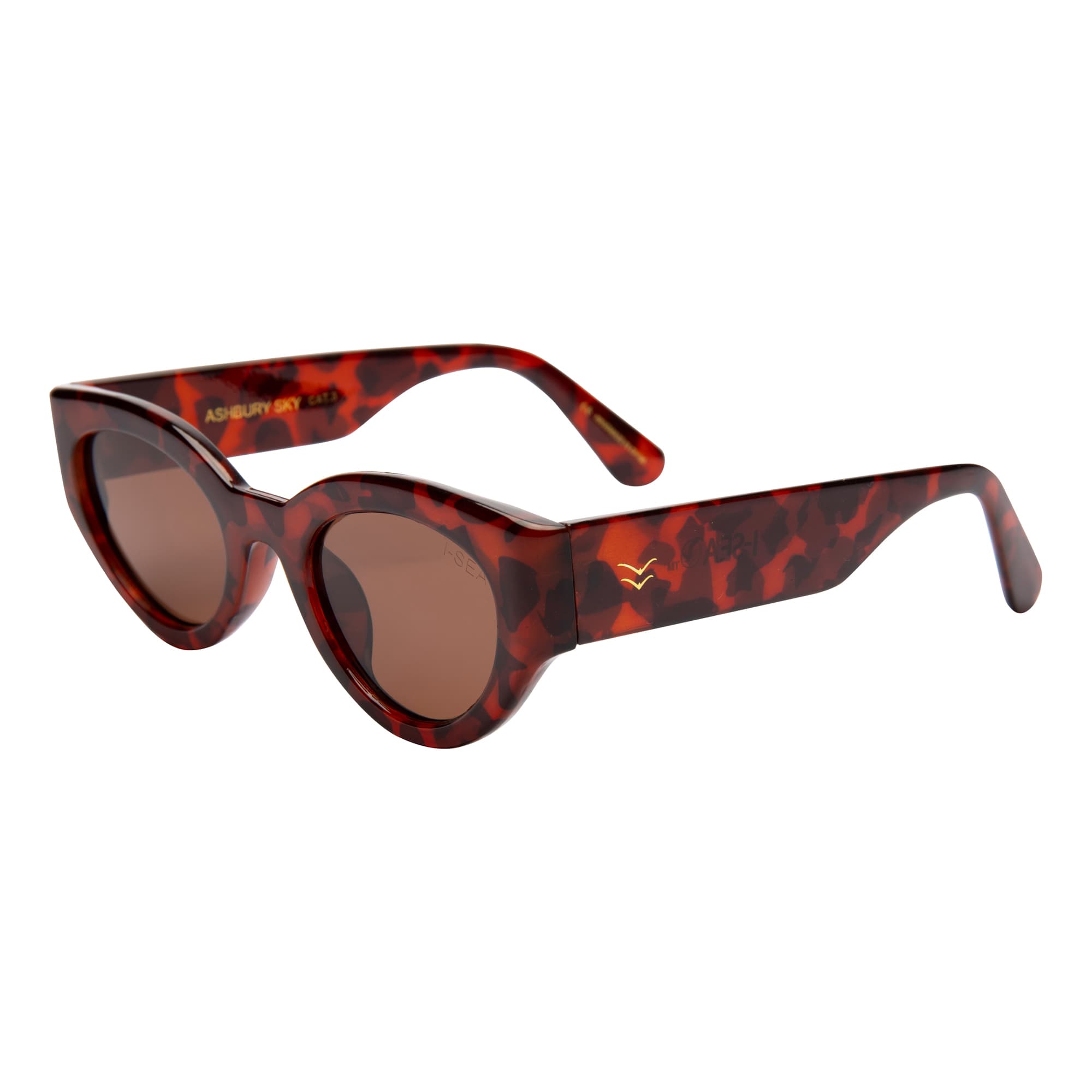 Sunglasses with tortoiseshell frame and brown lenses on a white background.
HAVANA TORT / BROWN POLARIZED LENS