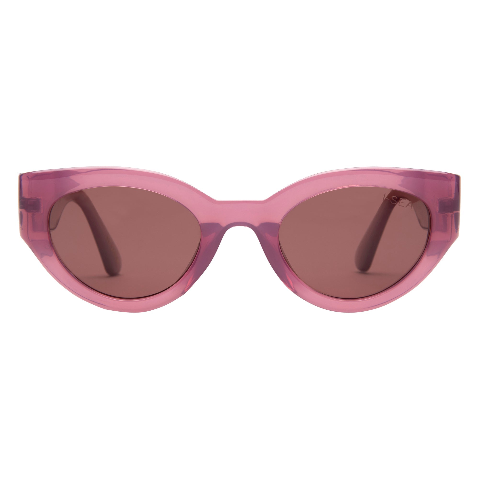Pink sunglasses with brown lenses on a white background.
ROSE / PLUM POLARIZED LENS