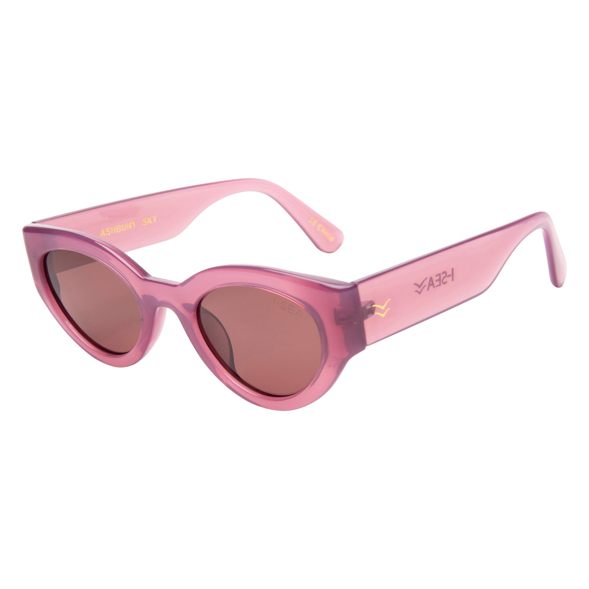 Pink sunglasses with a brand logo on a white background.
ROSE / PLUM POLARIZED LENS