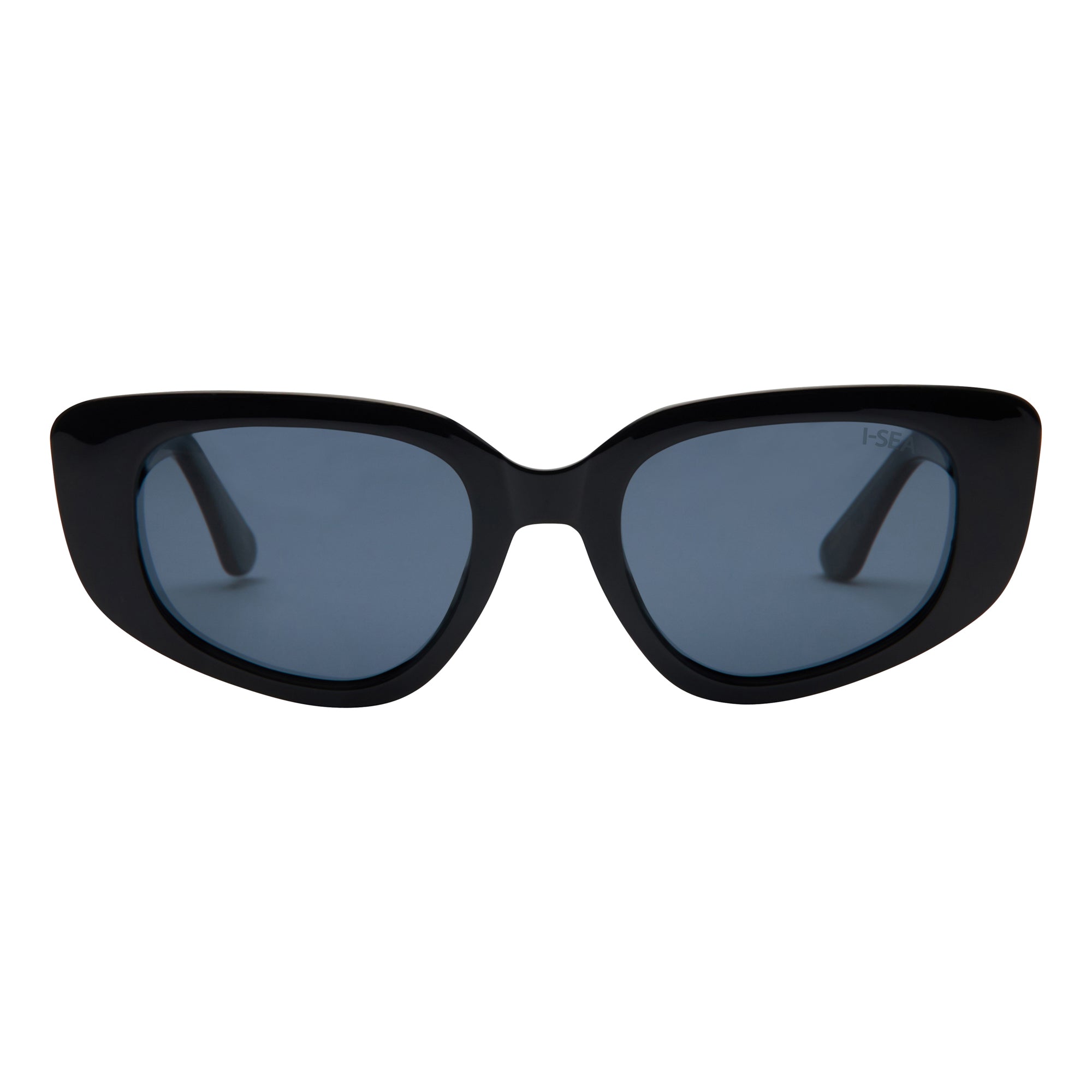 Black cat-eye sunglasses with blue lenses on a white background.
BLACK / SMOKE POLARIZED LENS