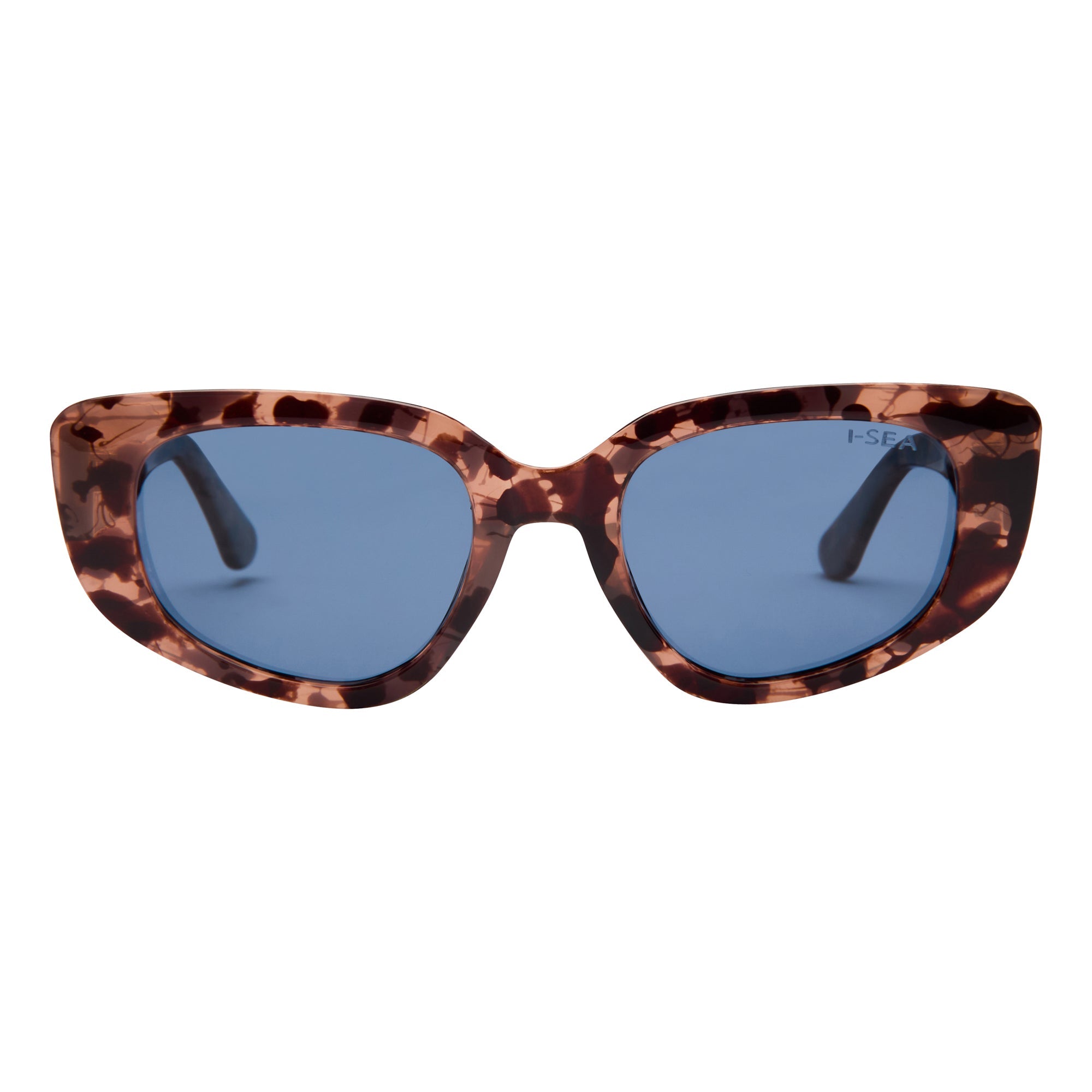 Sunglasses with tortoiseshell frame and blue lenses on a white background.
BLONDE TORT / NAVY POLARIZED LENS