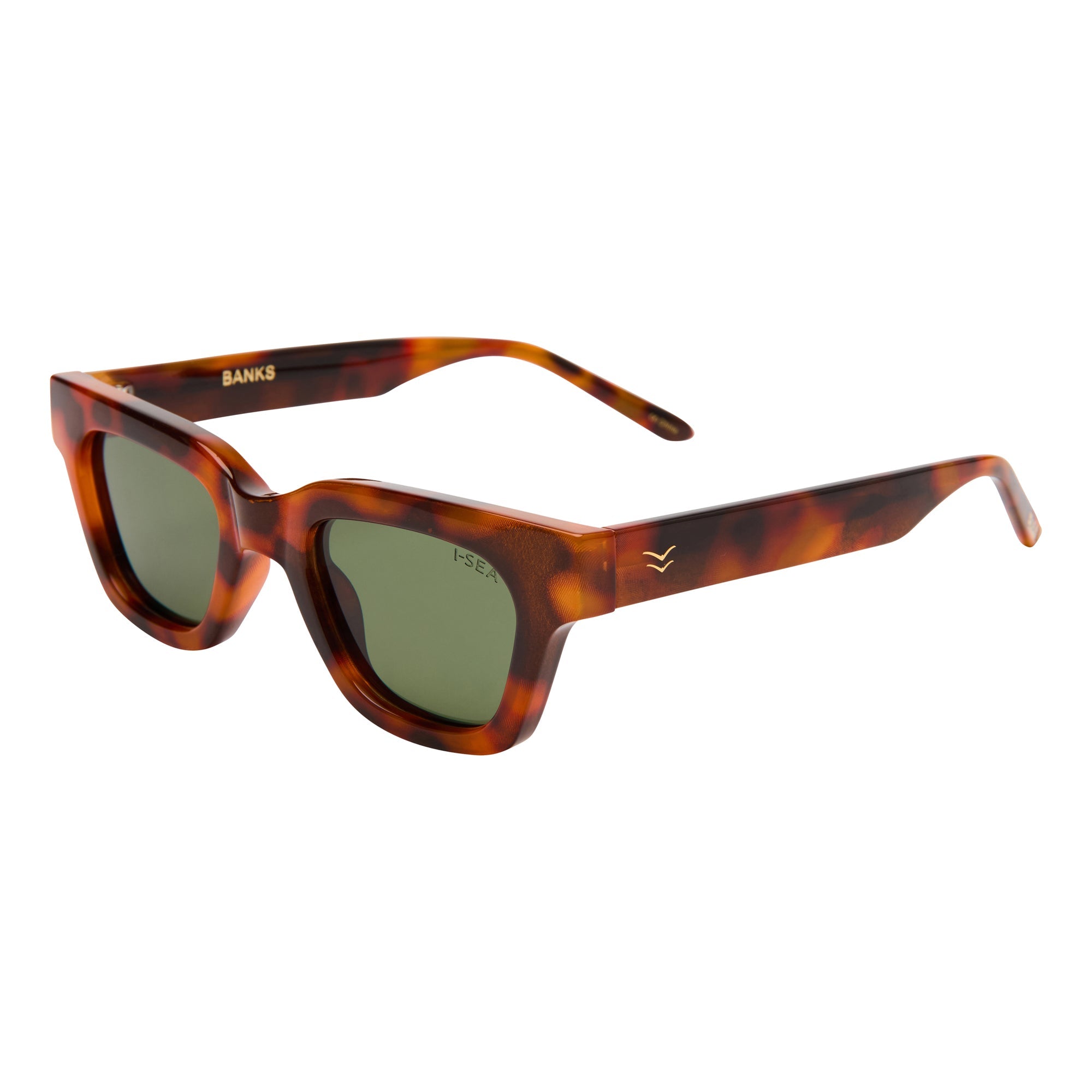Sunglasses with tortoiseshell frame and green lenses on a white background.
TORT / GREEN POLARIZED LENS