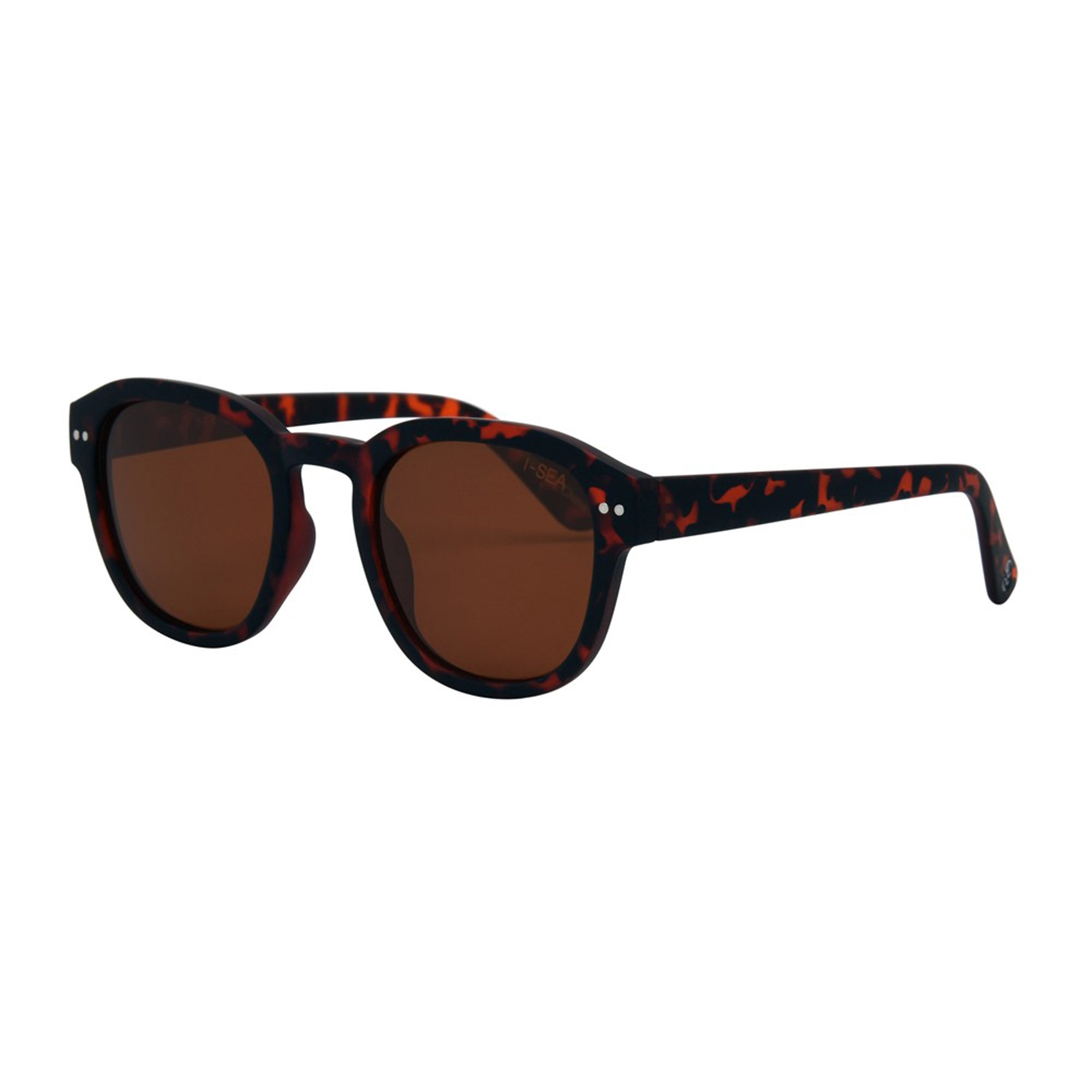 Sunglasses with tortoiseshell frame and brown lenses on a white background.
TORT / BROWN POLARIZED LENS