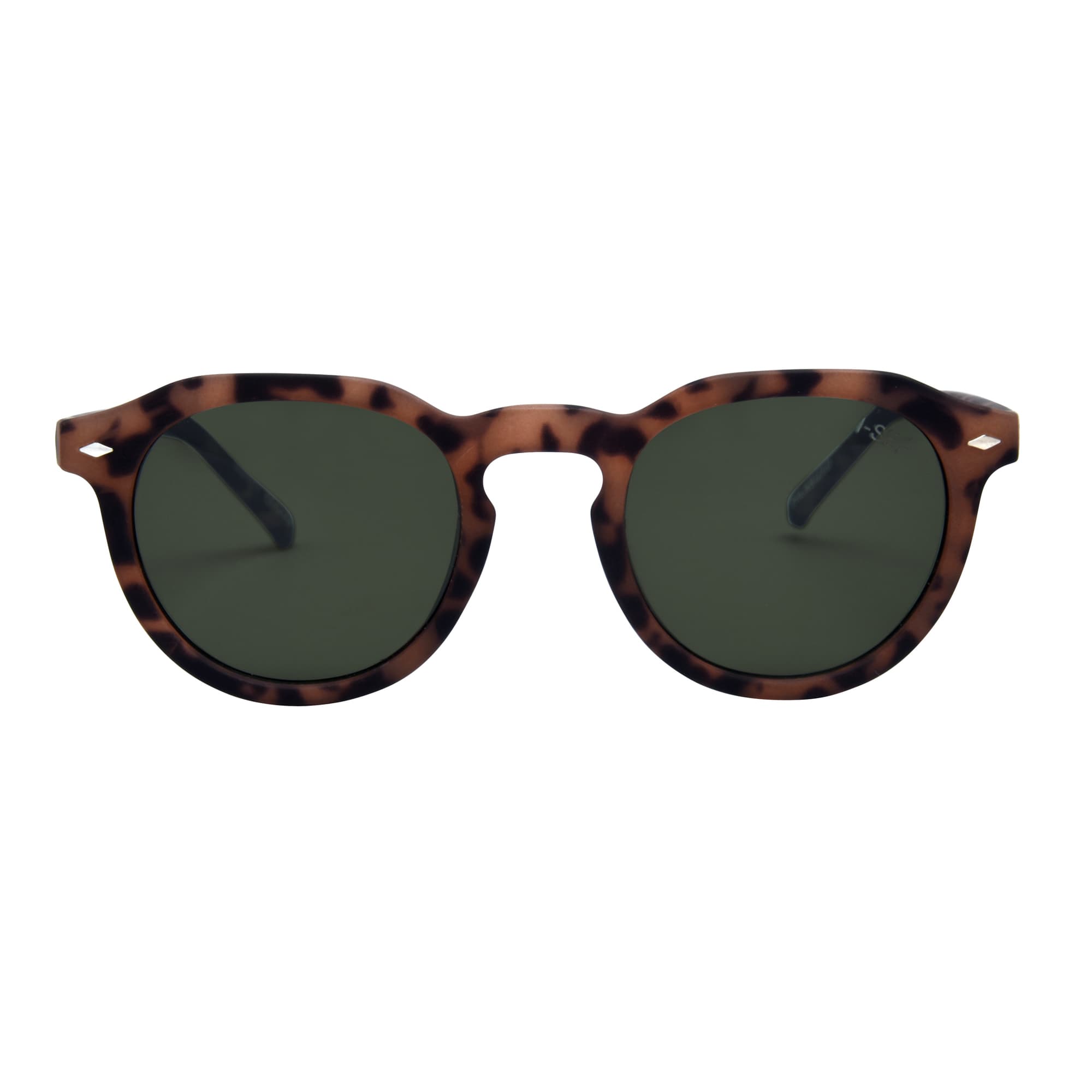 Sunglasses with tortoiseshell frame and dark lenses on a white background.
BLONDE TORT / GREEN POLARIZED LENS