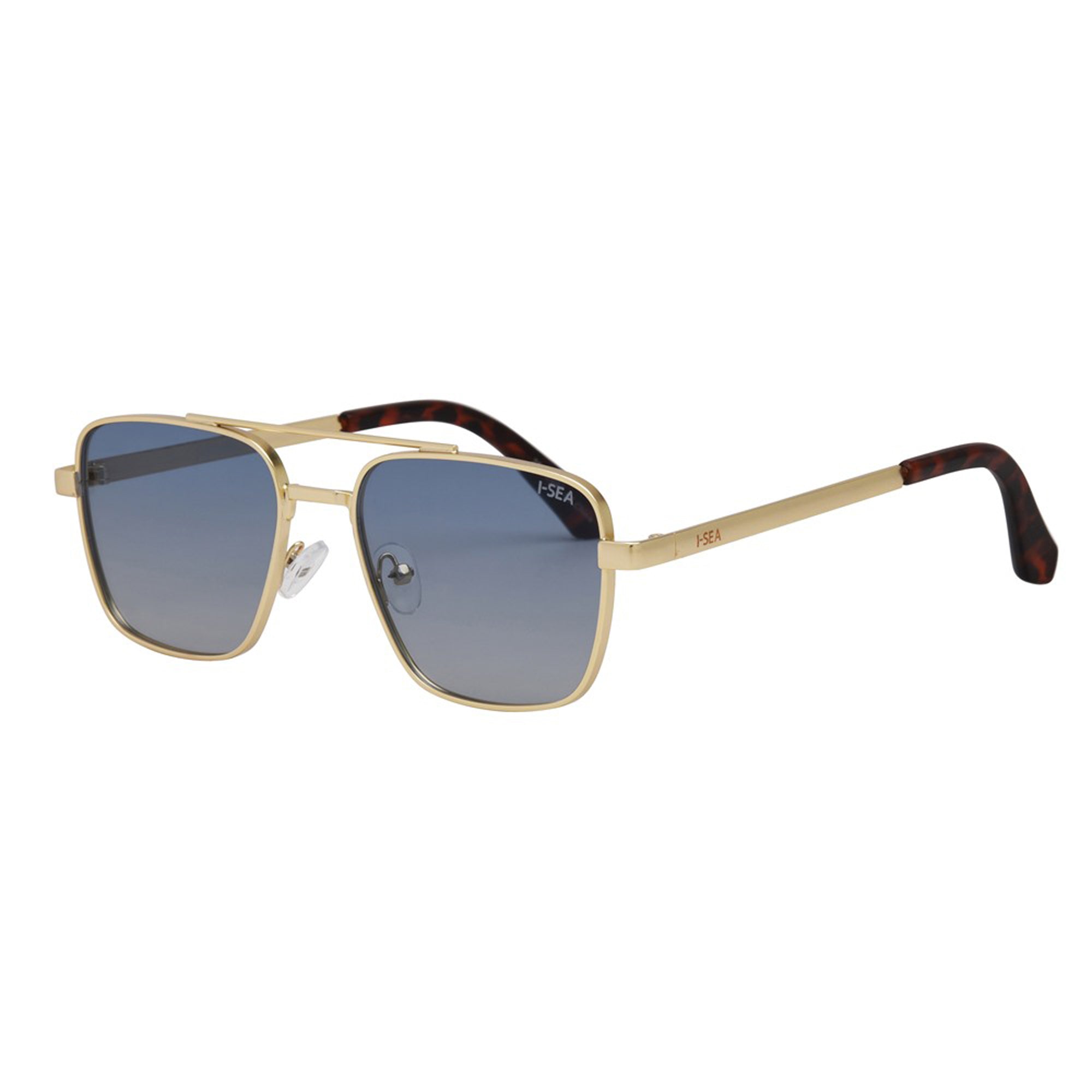 Gold-framed sunglasses with blue gradient lenses on a white background.
GOLD / BLUE GRADIENT LENS