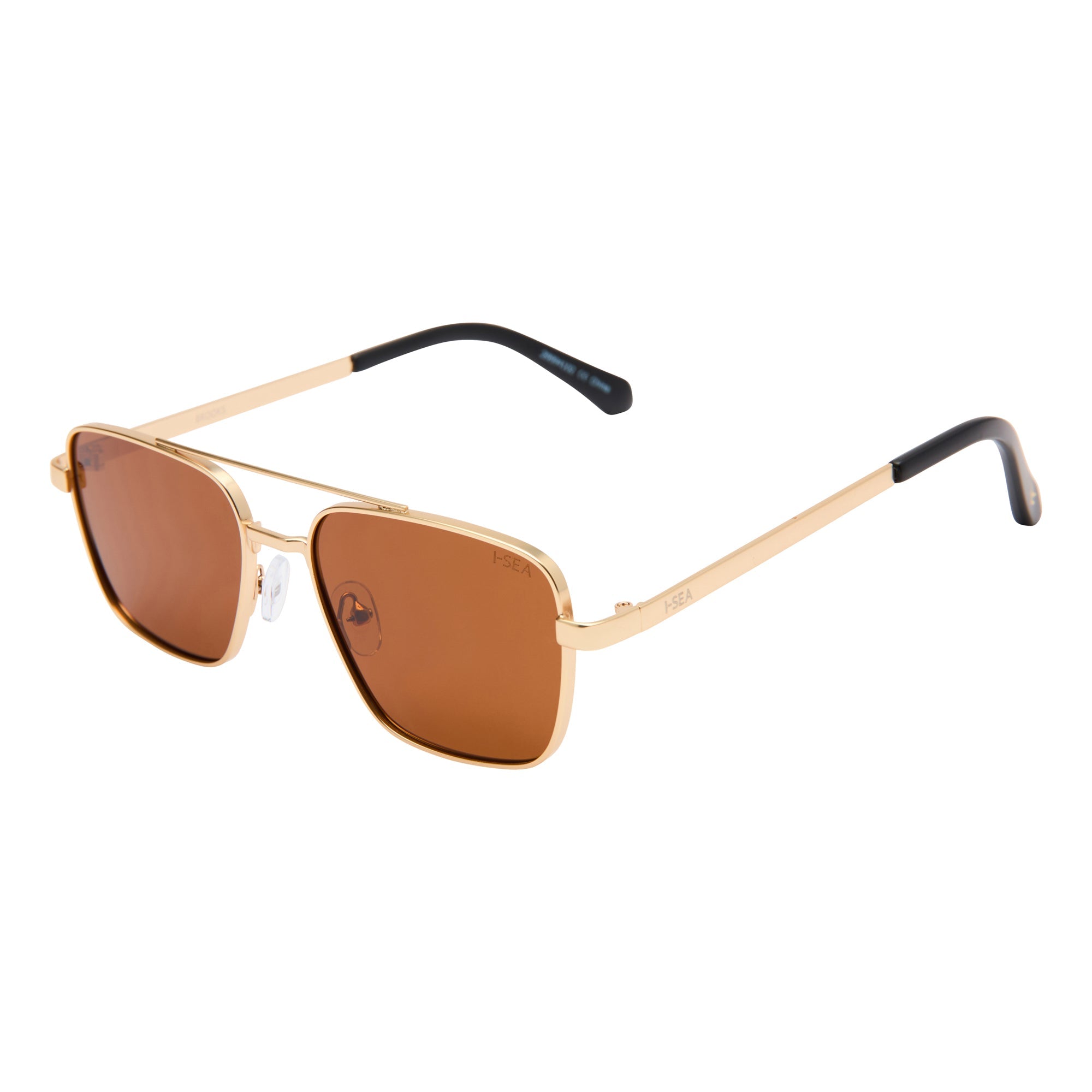 Gold-framed sunglasses with brown lenses on a white background.
GOLD / BROWN POLARIZED LENS