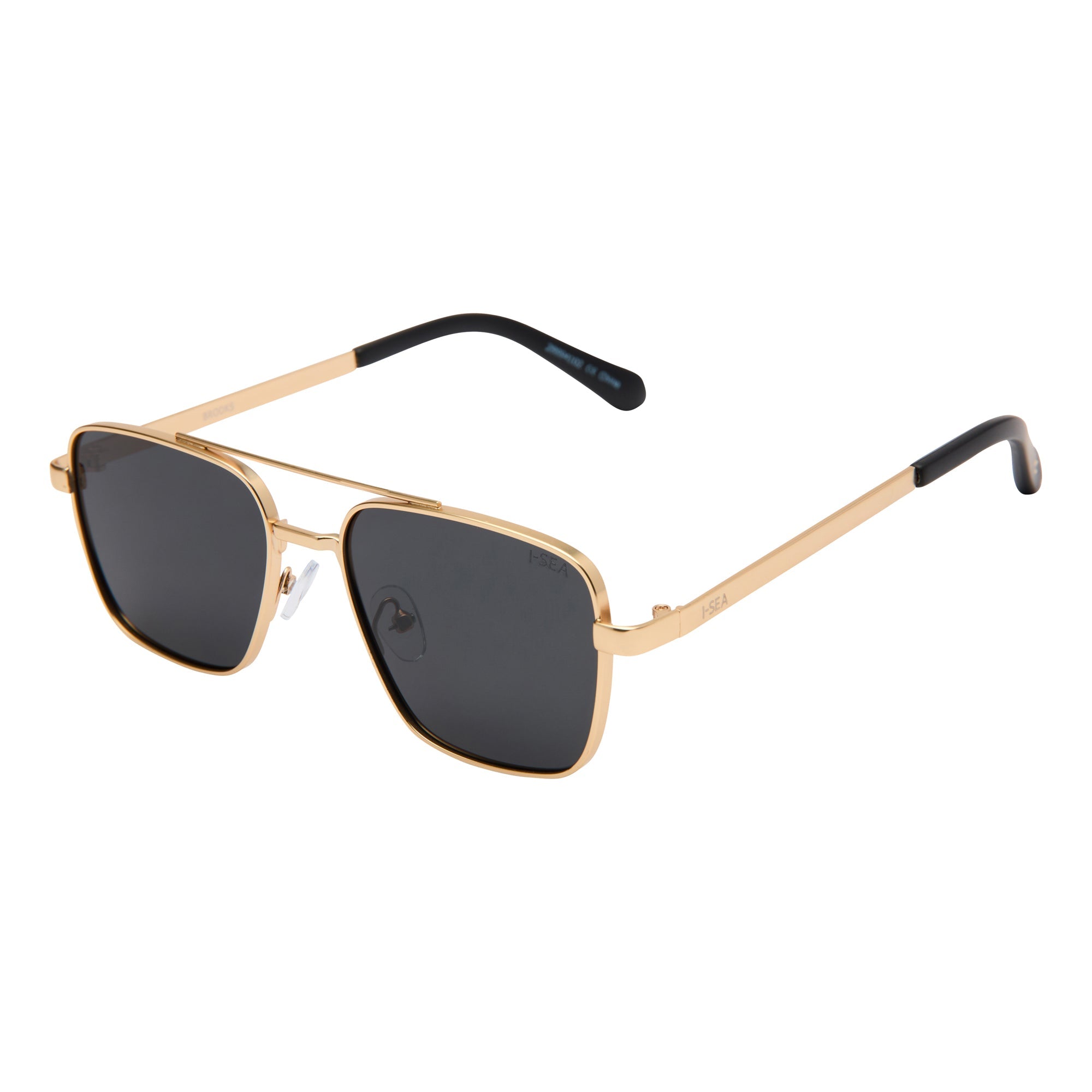 Gold-framed sunglasses with black lenses on a white background.
GOLD / SMOKE POLARIZED LENS
