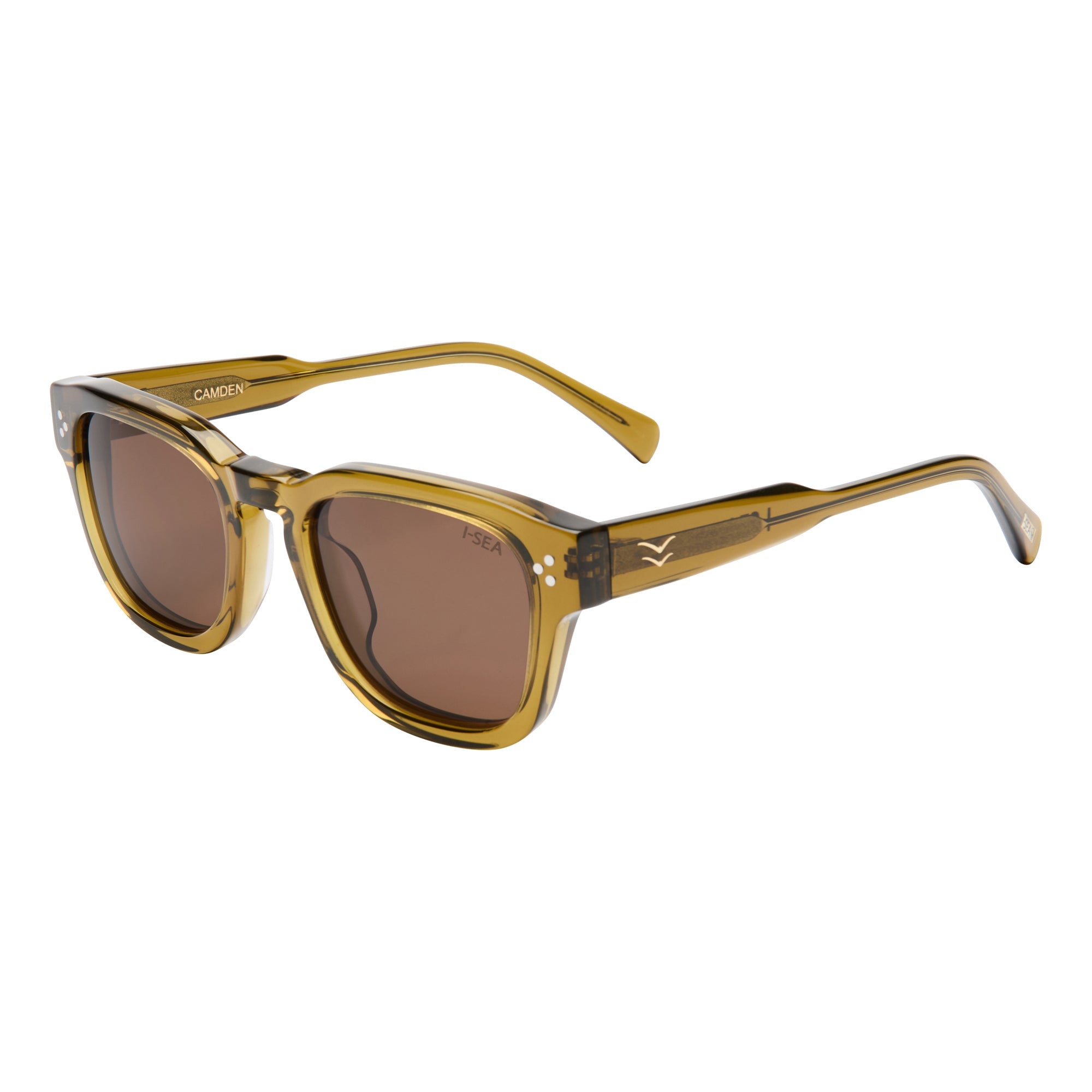 Gold-framed sunglasses with brown lenses on a white background.
TORT / BROWN POLARIZED LENS