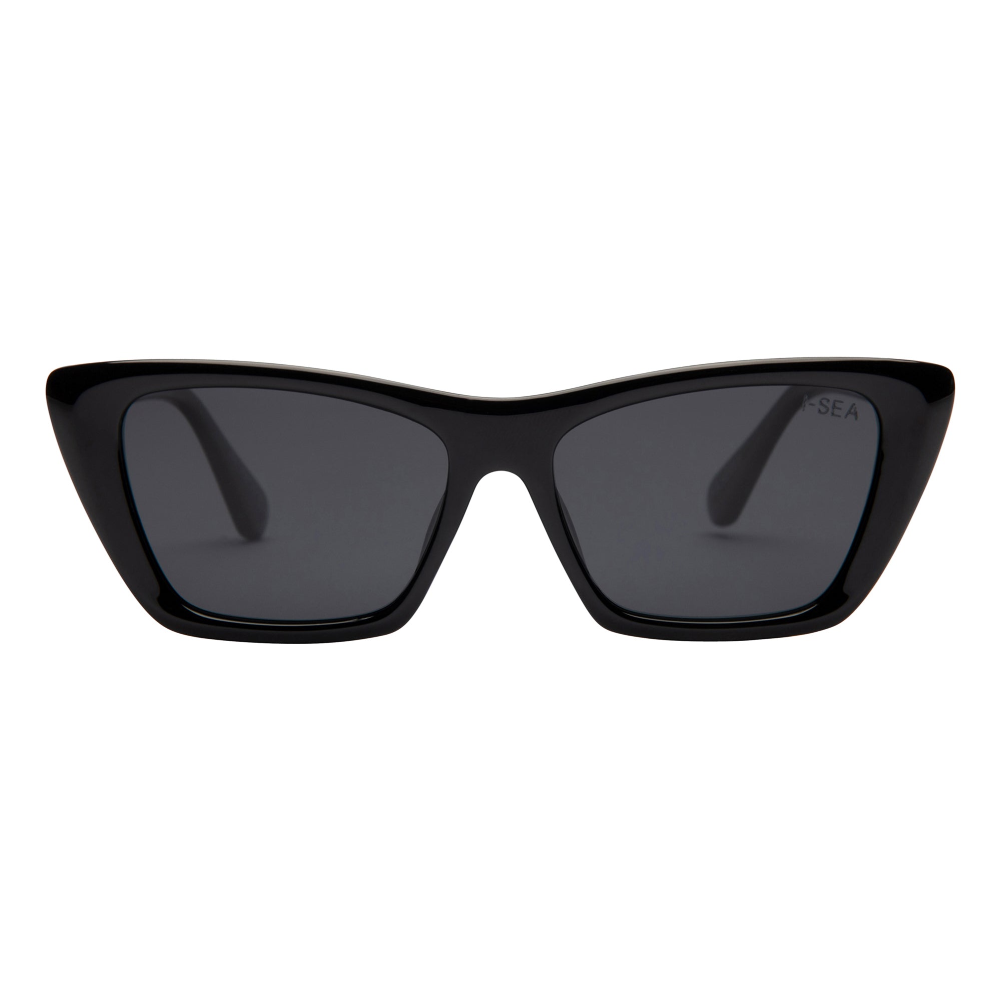 Black sunglasses with dark lenses on a white background.
BLACK / SMOKE POLARIZED LENS