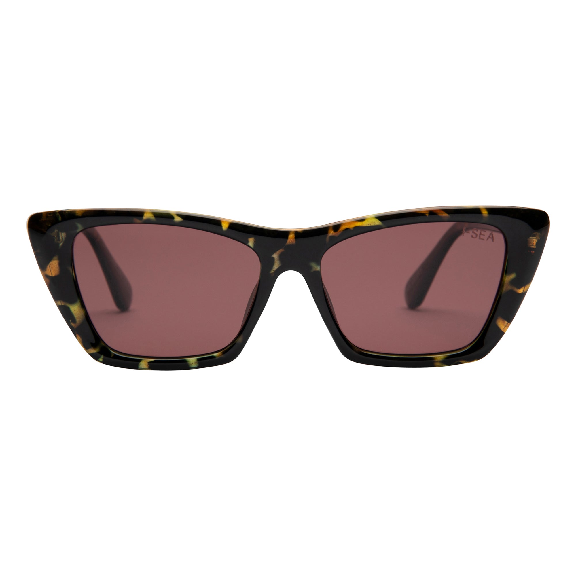 Sunglasses with tortoiseshell frame and pink lenses on a white background.
TORT / PLUM POLARIZED LENS