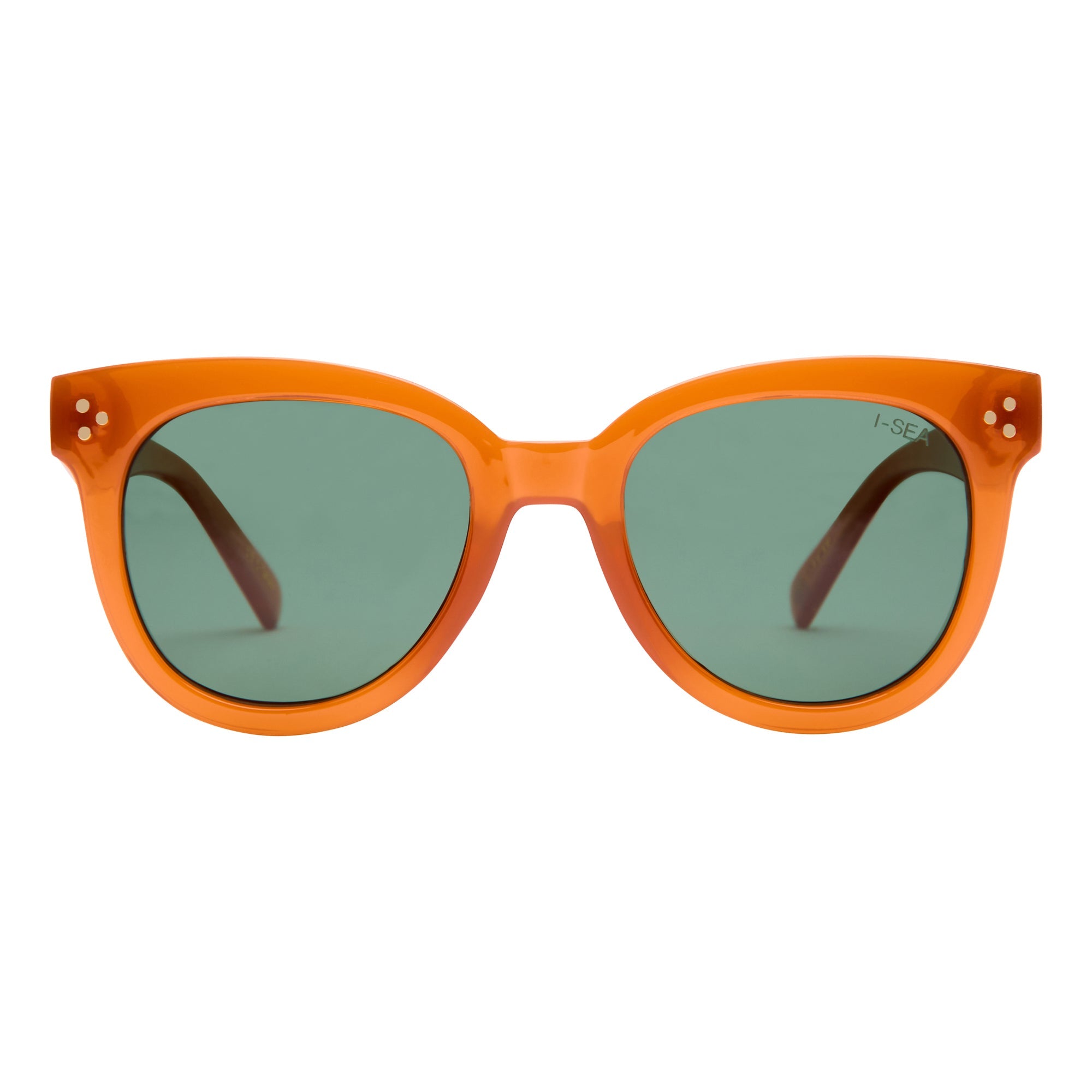 Orange sunglasses with green lenses on a white background.
MAPLE / GREEN POLARIZED LENS