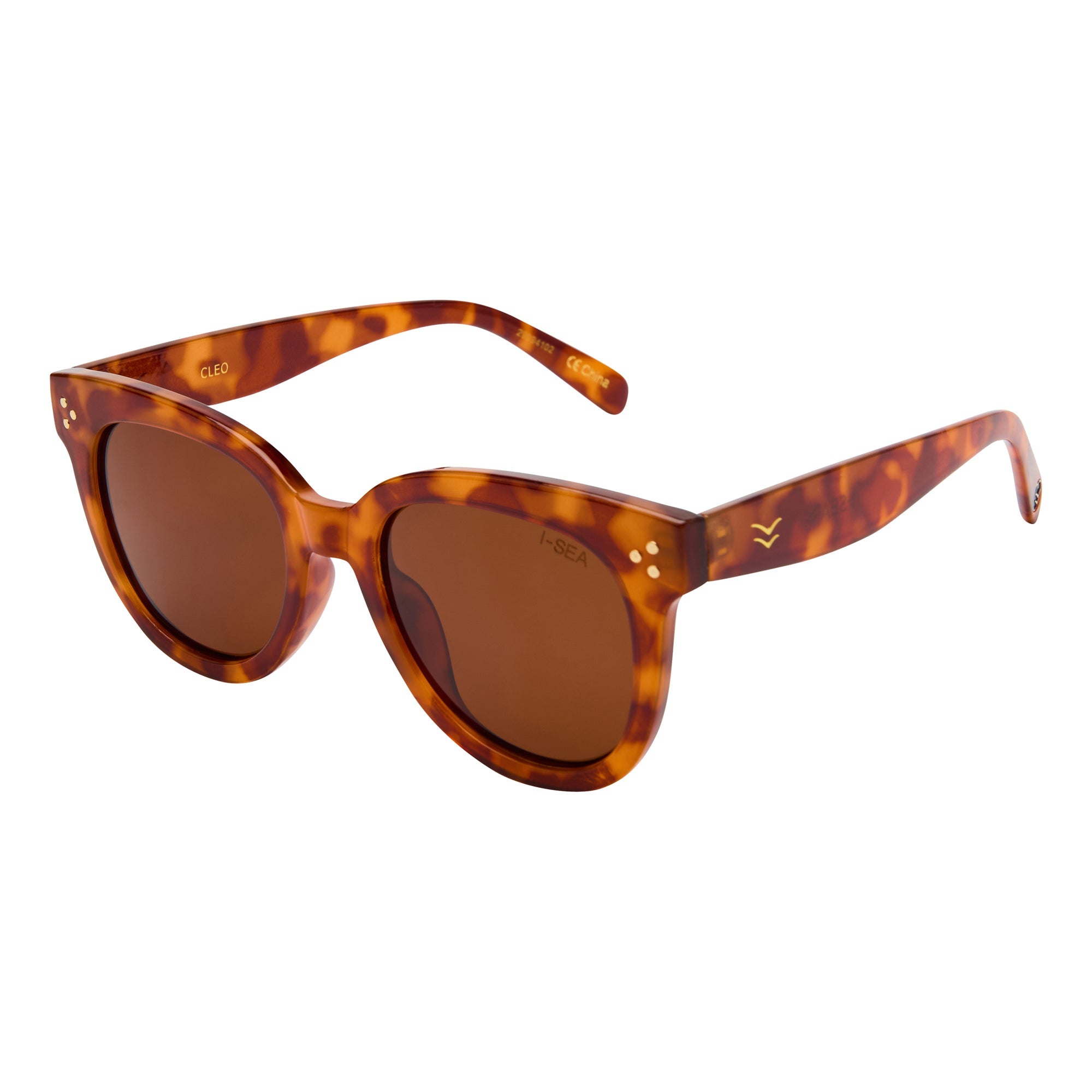 Sunglasses with tortoiseshell frame and brown lenses on a white background.
TORT / BROWN POLARIZED LENS