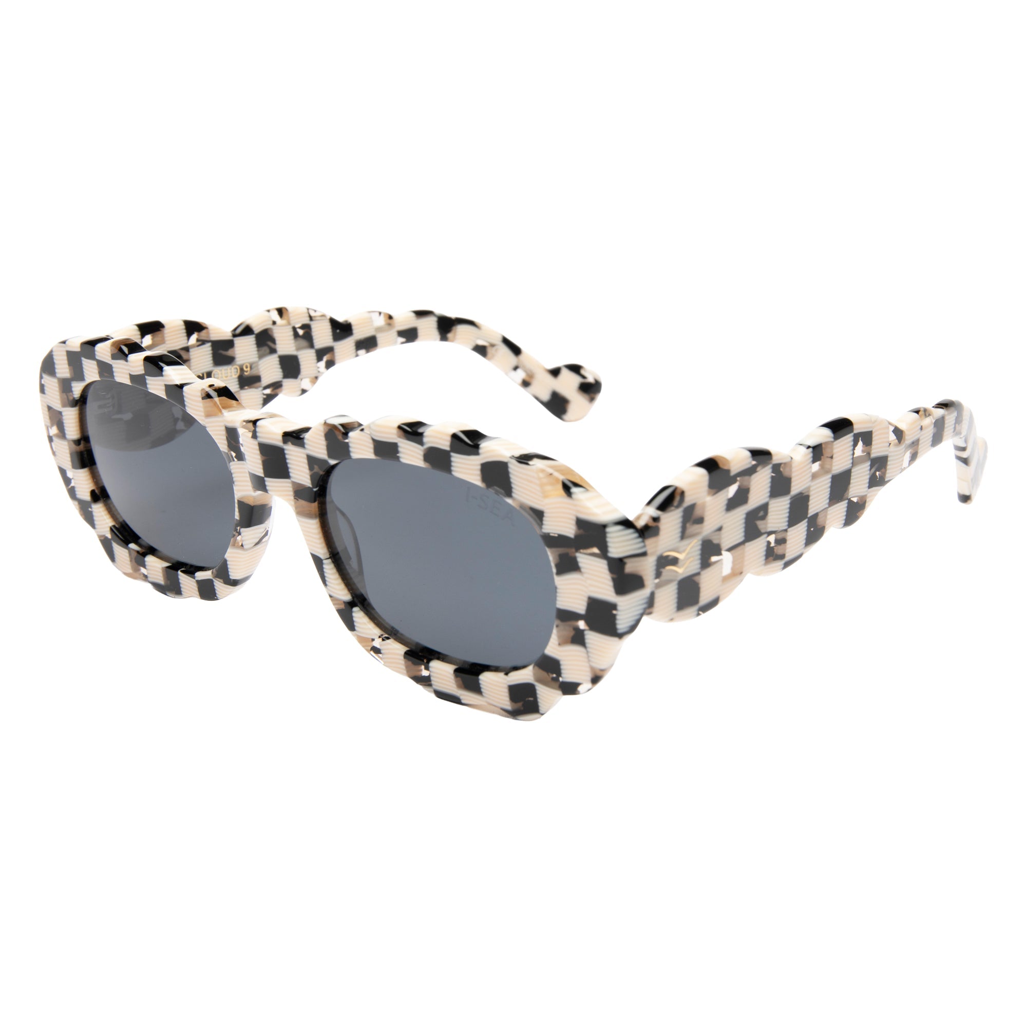 Sunglasses with checkered frame and gray lenses on a white background.
BLACK & WHITE CHECK / SMOKE POLARIZED LENS