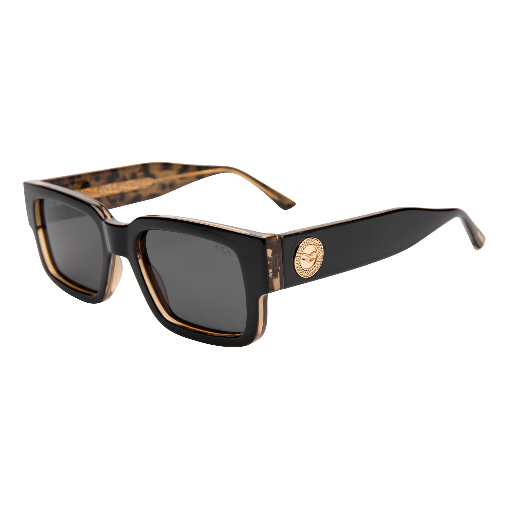 Sunglasses with a gold and black frame on a white background.
BLACK LEOPARD / SMOKE POLARIZED LENS