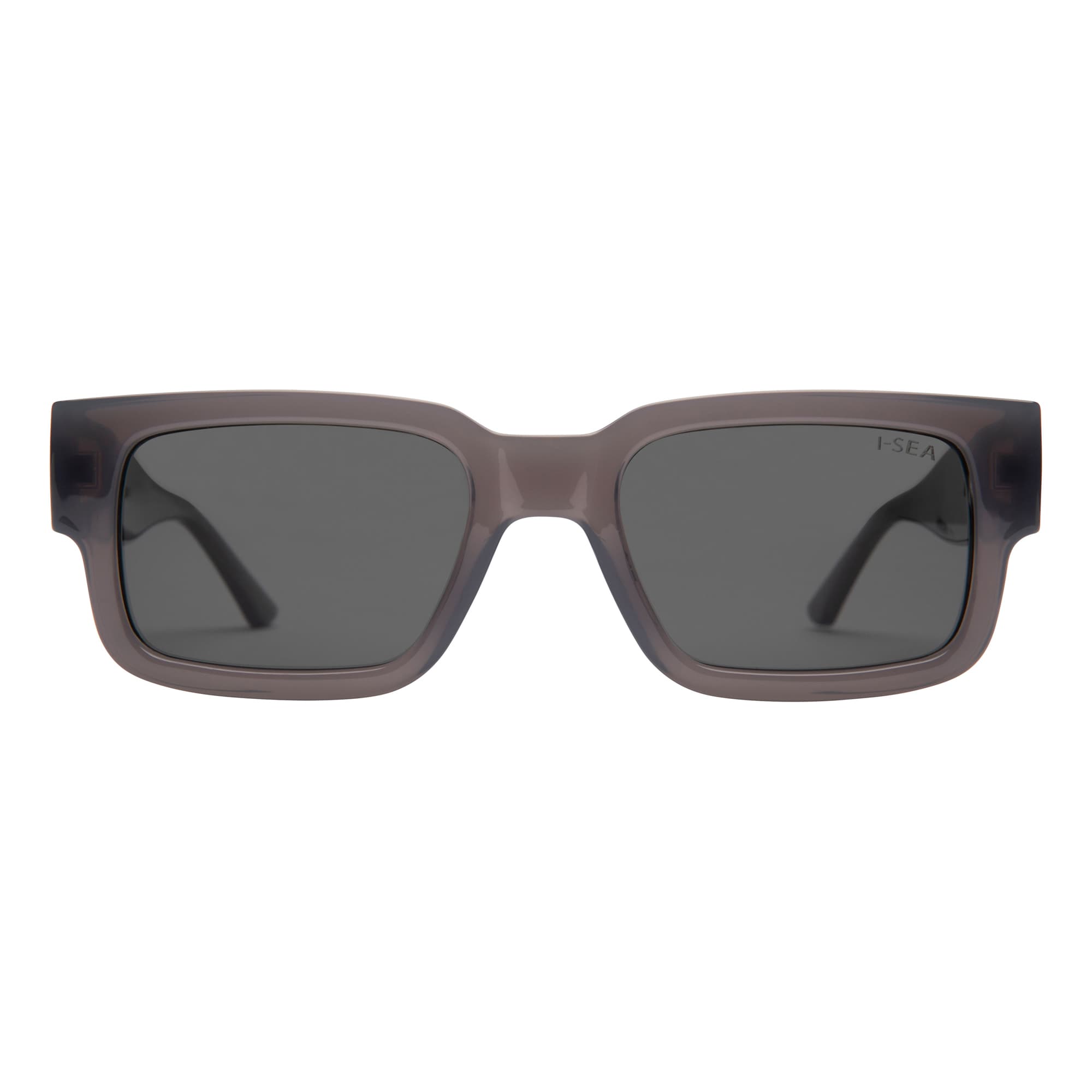 Sunglasses with dark lenses and brown frame on a white background.
GREY / SMOKE POLARIZED LENS