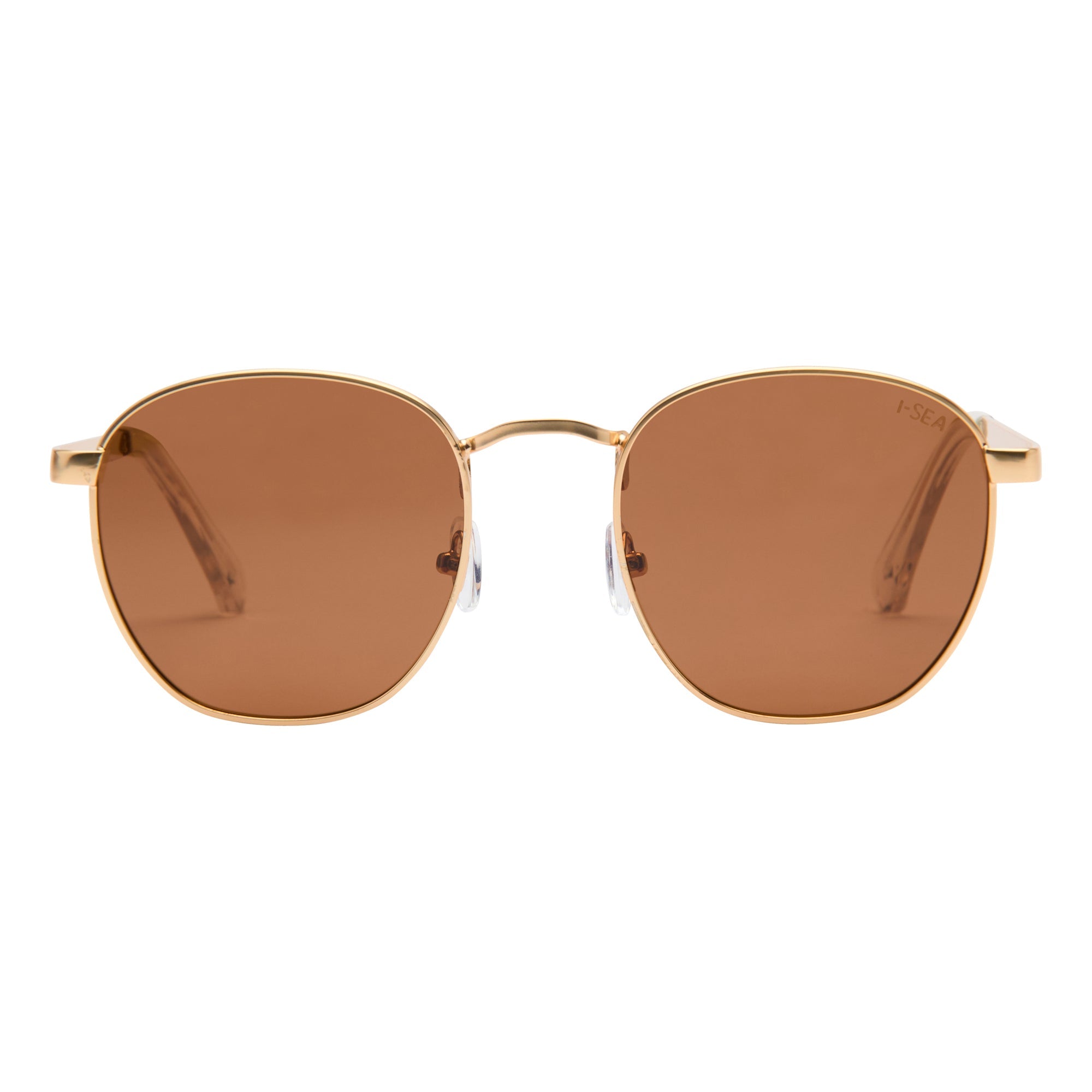 Sunglasses with gold frame and brown lenses on a white background.
GOLD / BROWN POLARIZED LENS