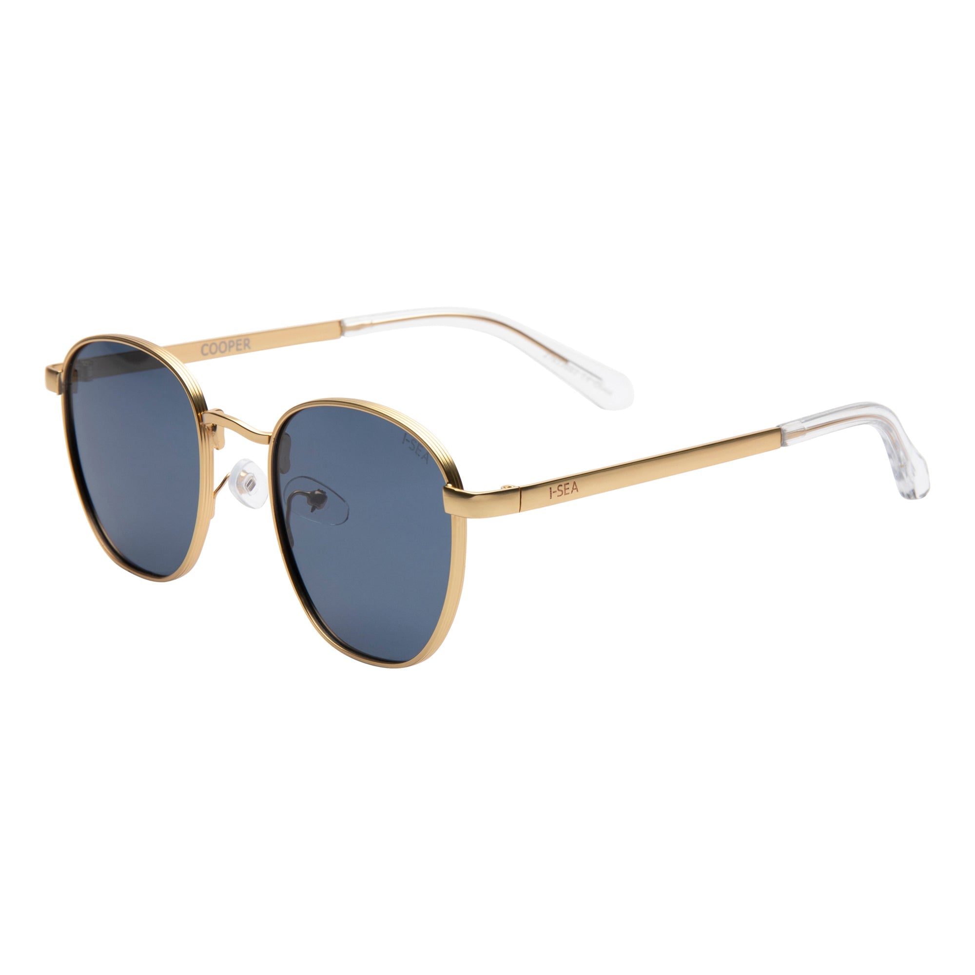 Gold-framed sunglasses with blue lenses on a white background.
GOLD / NAVY POLARIZED LENS
