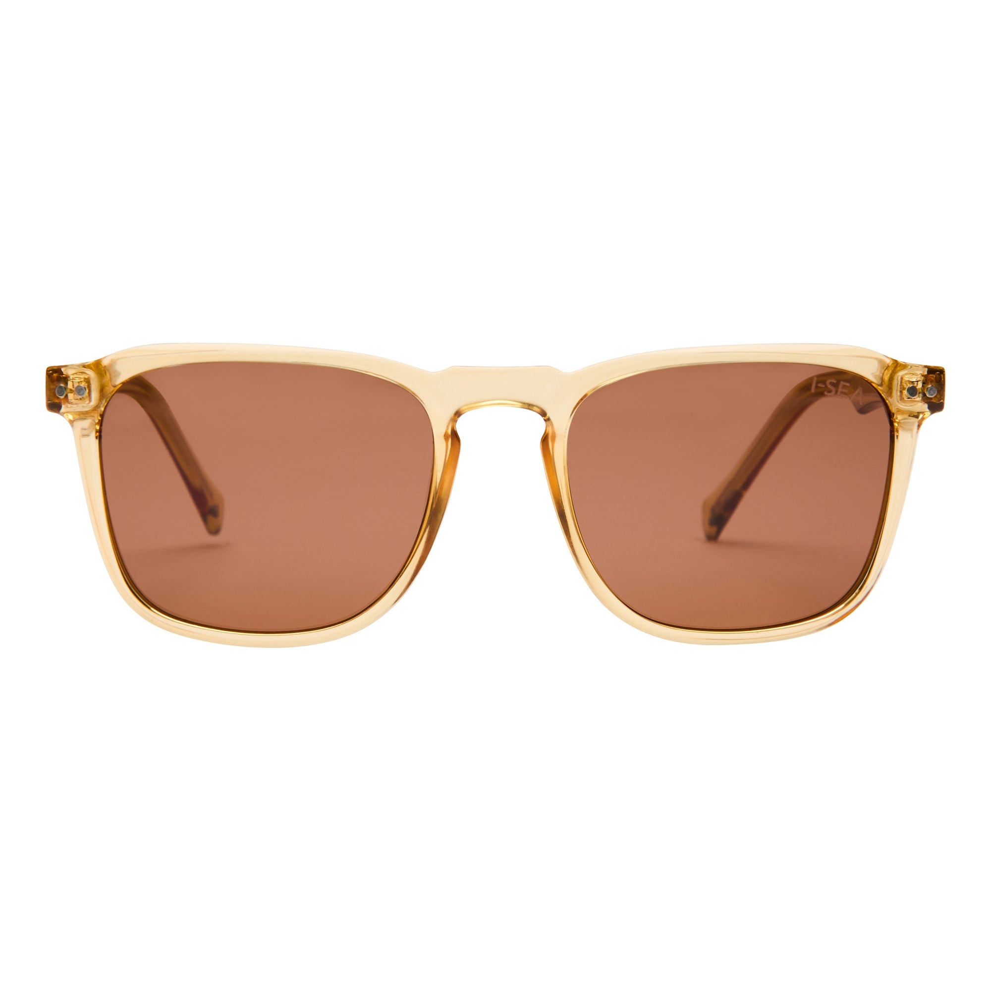 Gold-framed sunglasses with brown lenses on a white background.
ANTIQUE / BROWN POLARIZED LENS