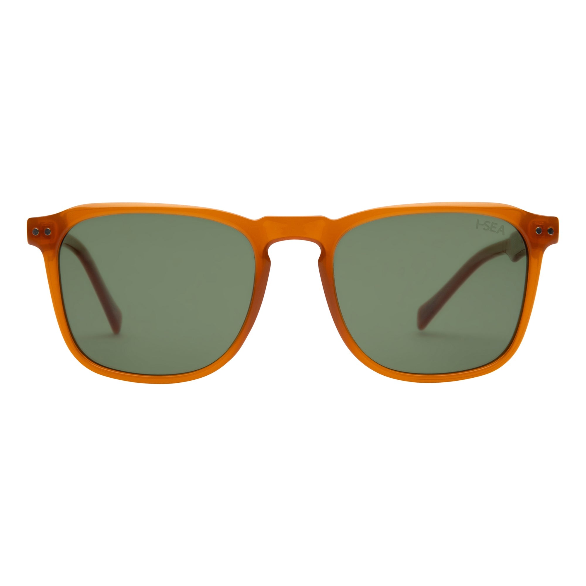 Sunglasses with orange frame and dark lenses on a white background.
SUNSHINE / GREEN POLARIZED LENS