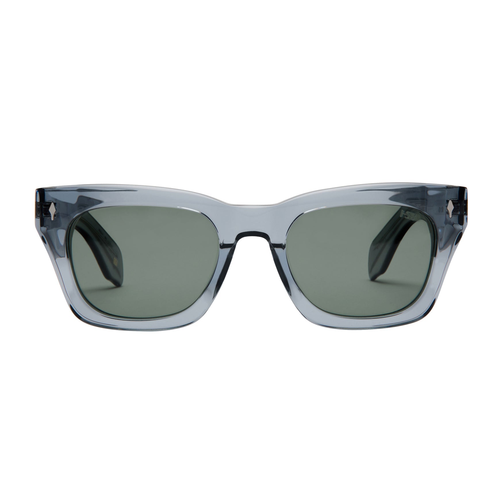 Sunglasses with clear frame and dark lenses on a white background.
SLATE / GREEN POLARIZED LENS