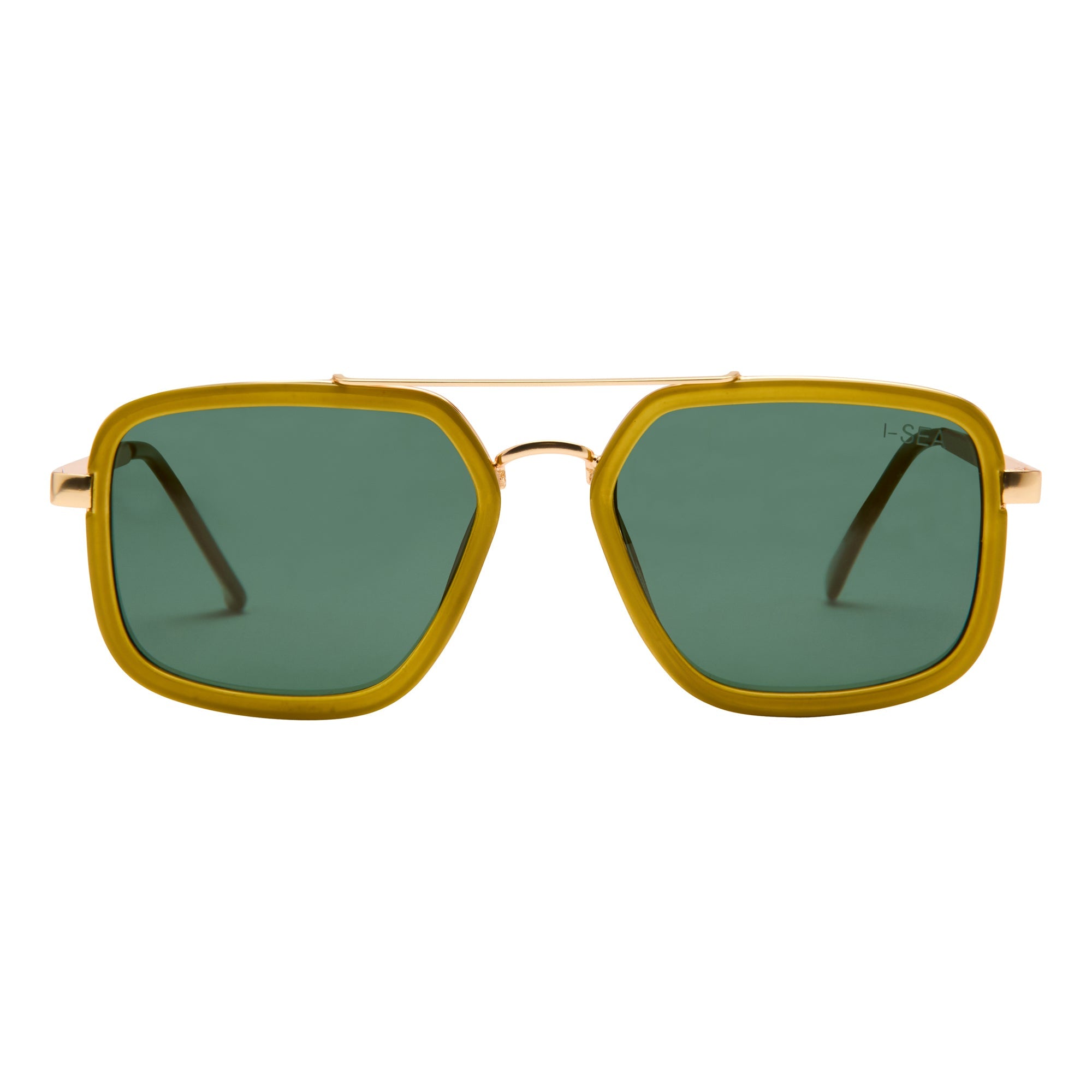 Gold-framed sunglasses with green lenses on a white background.
AVOCADO / GREEN POLARIZED LENS