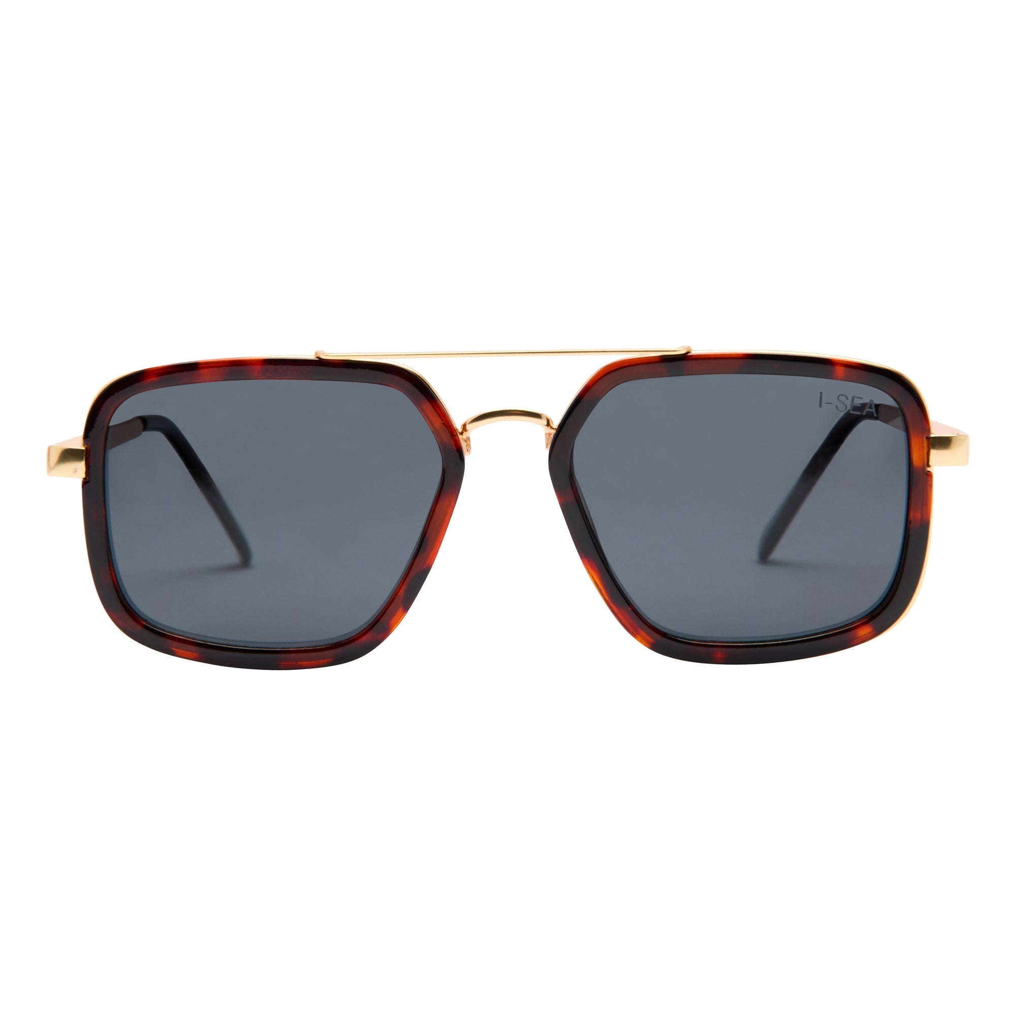 Sunglasses with tortoiseshell frame and dark lenses on a white background.
TORT / SMOKE POLARIZED LENS