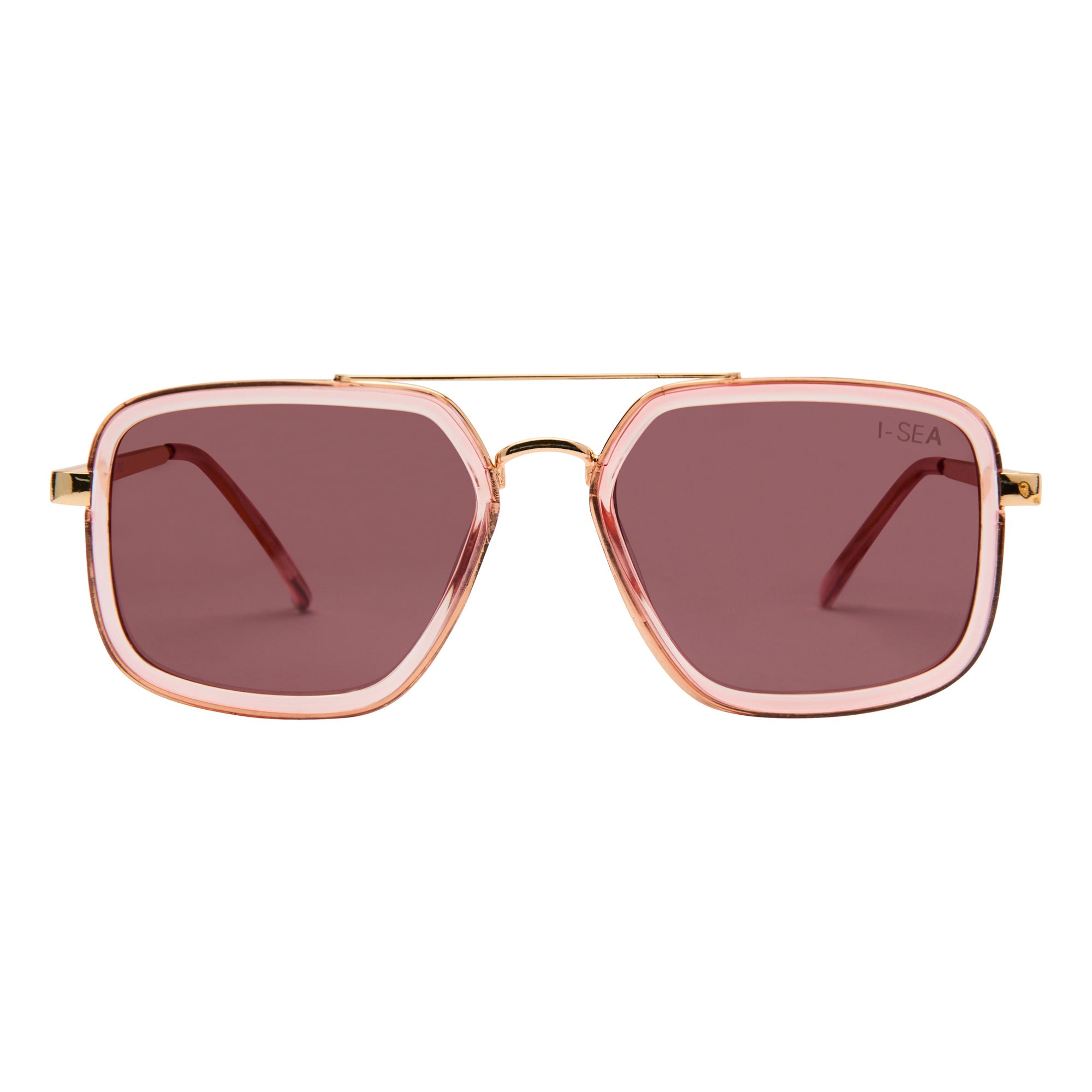 Sunglasses with rose gold frame and red-tinted lenses on a white background.
WATERMELON / PLUM POLARIZED LENS