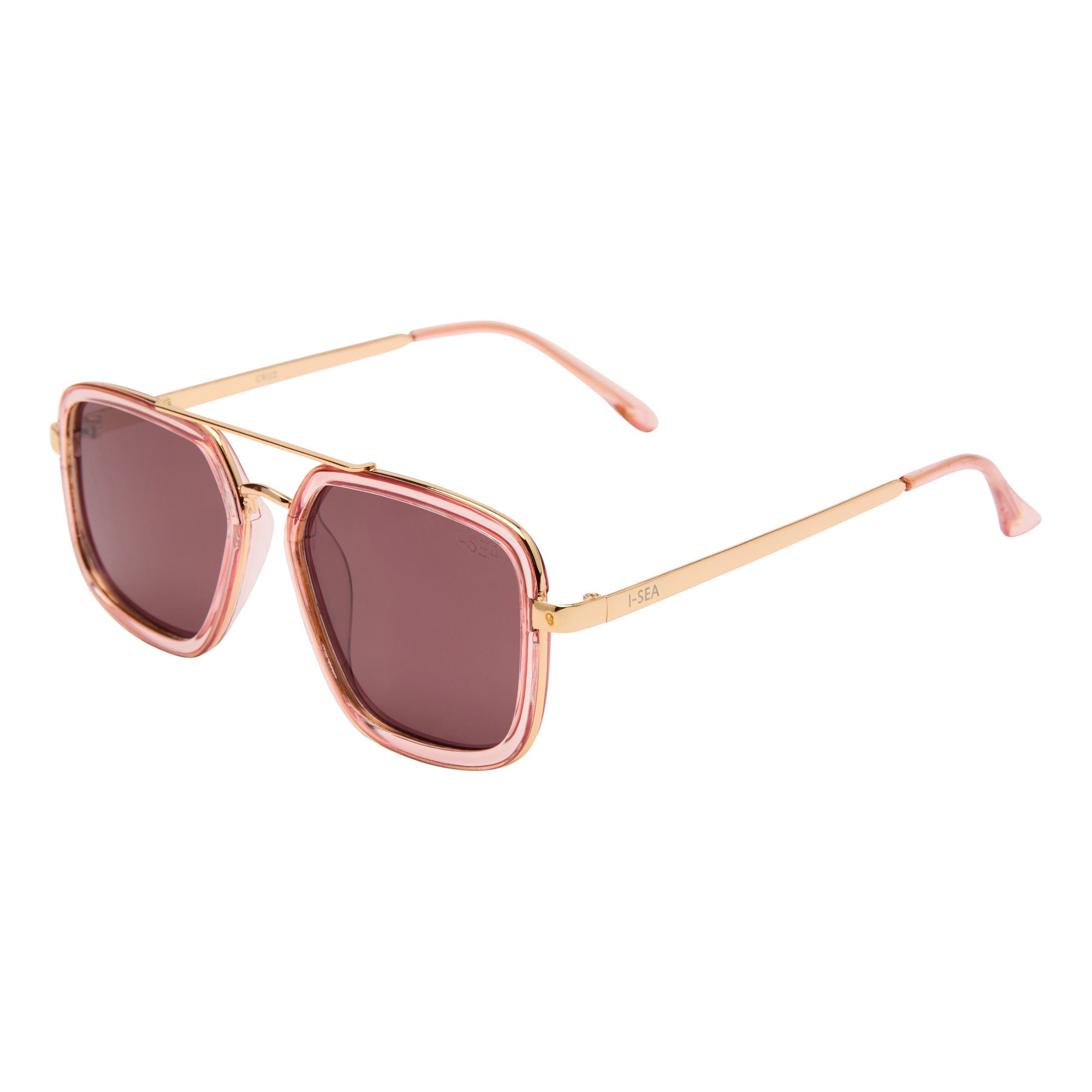 Rose gold sunglasses with brown lenses on a white background.
WATERMELON / PLUM POLARIZED LENS