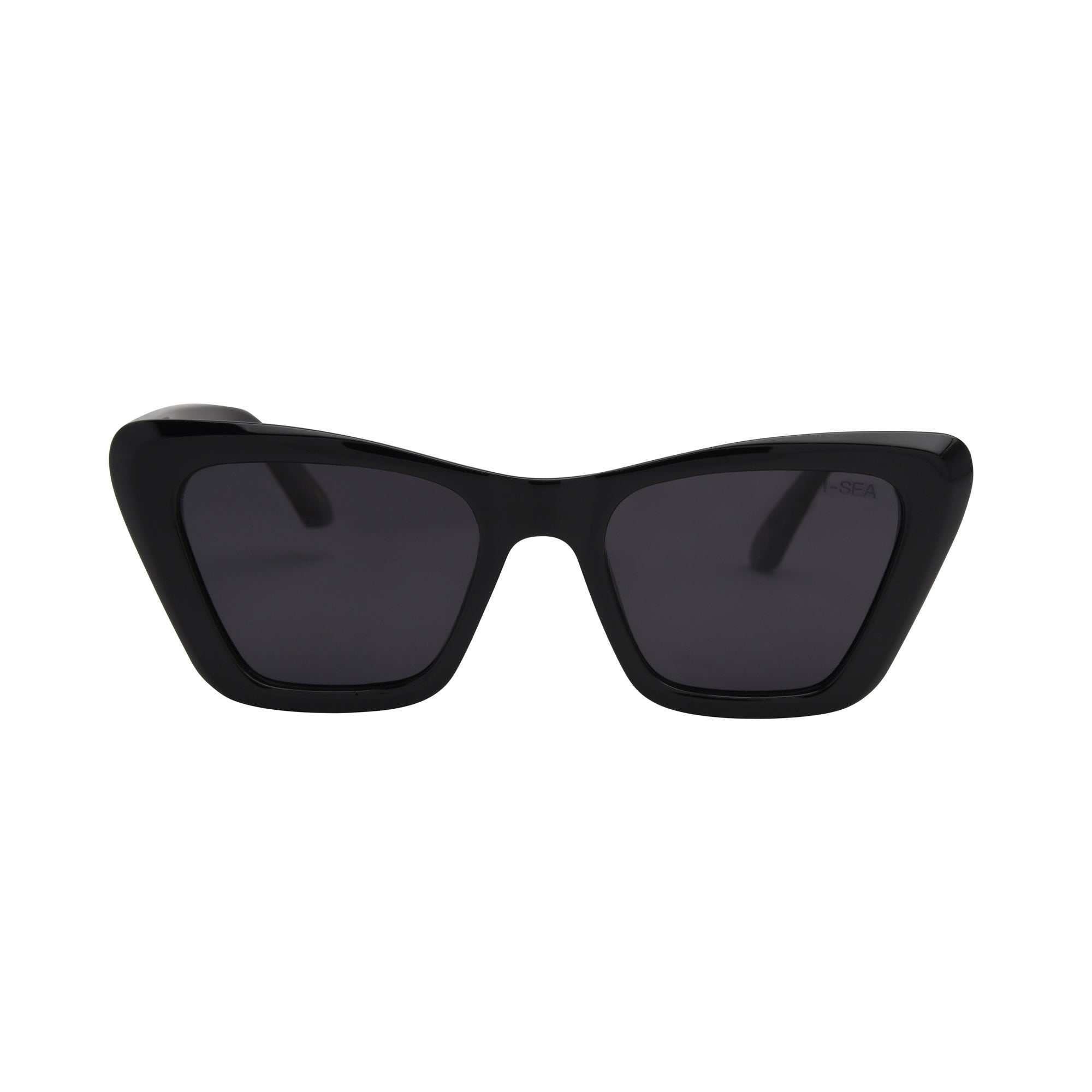 Black cat-eye sunglasses on a white background.
BLACK / SMOKE POLARIZED LENS