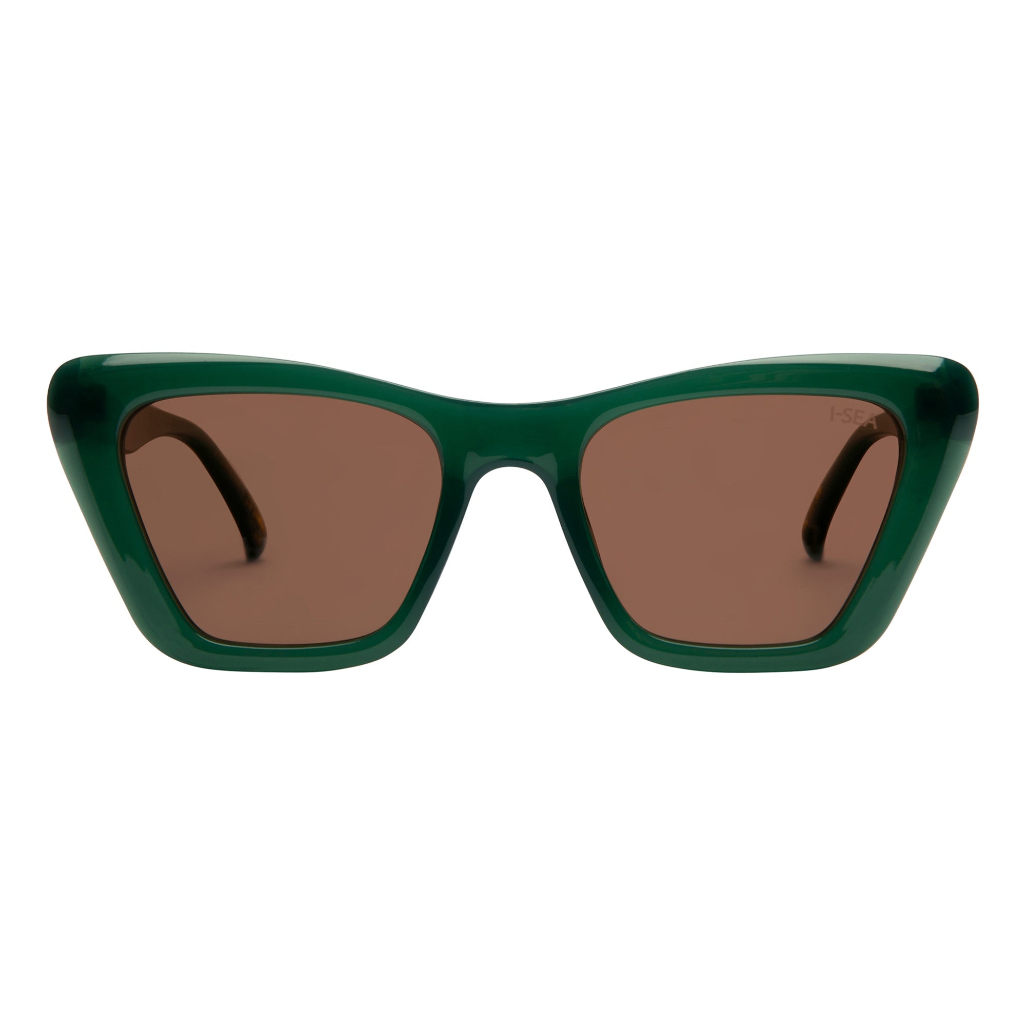 Green sunglasses with brown lenses on a white background.
KALE / TANGERINE LENS