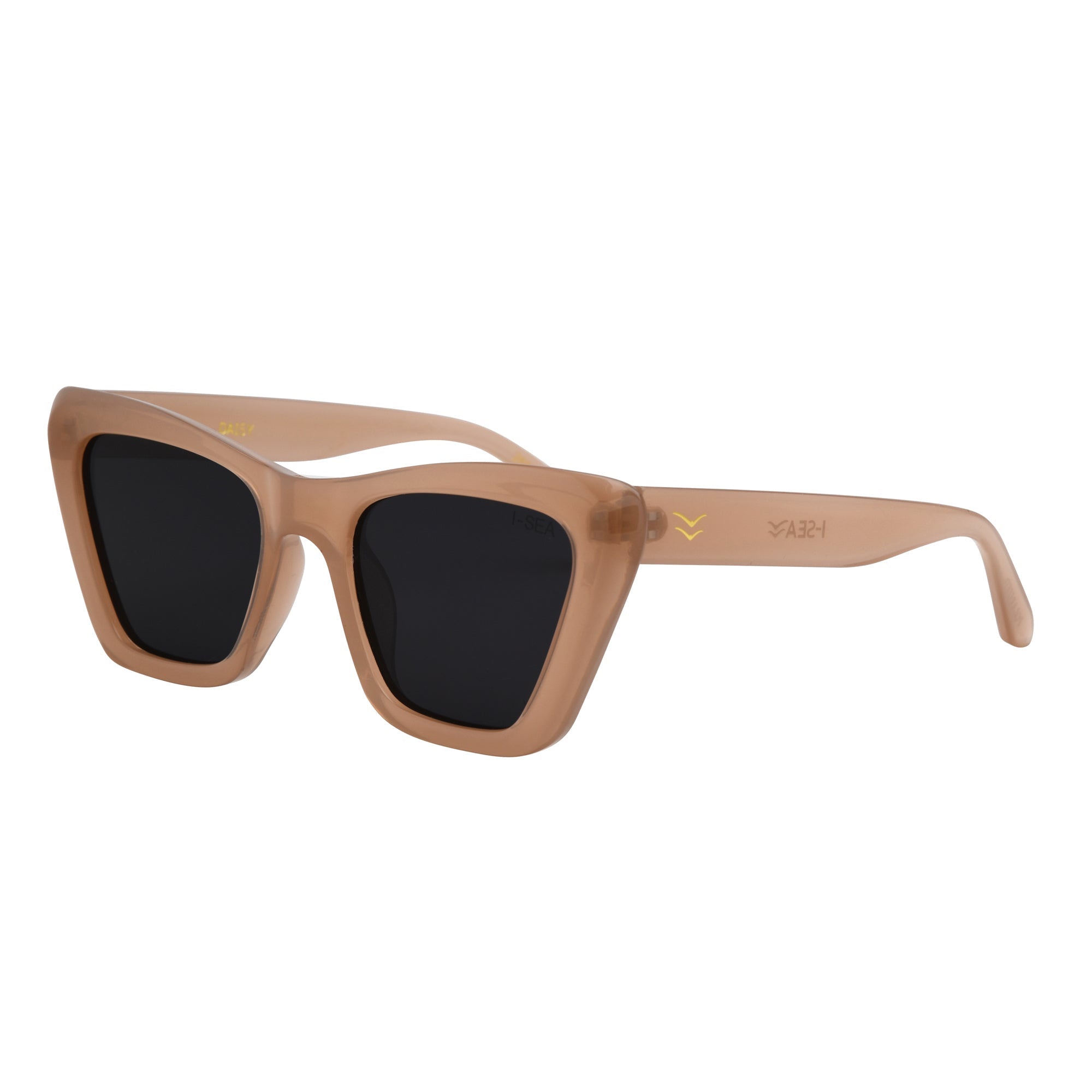 Beige sunglasses with black lenses on a white background.
SAND / SMOKE POLARIZED LENS