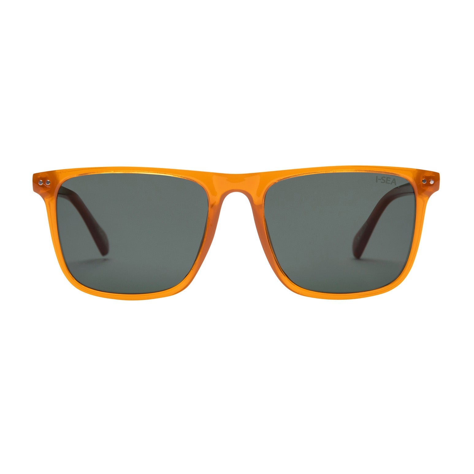 Orange sunglasses with dark lenses on a white background.
SUNSHINE / GREEN POLARIZED LENS