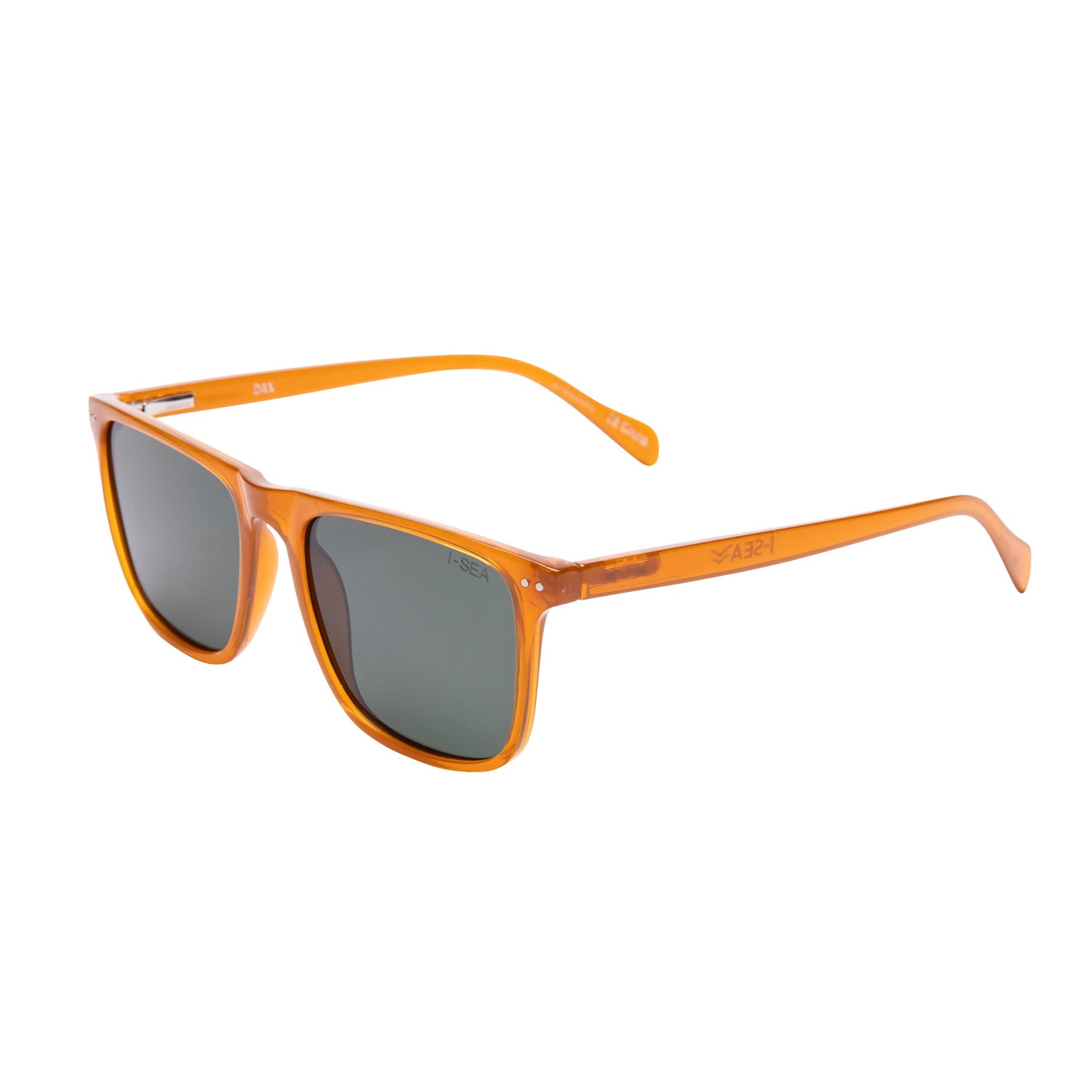 Orange sunglasses with dark lenses on a white background.
SUNSHINE / GREEN POLARIZED LENS