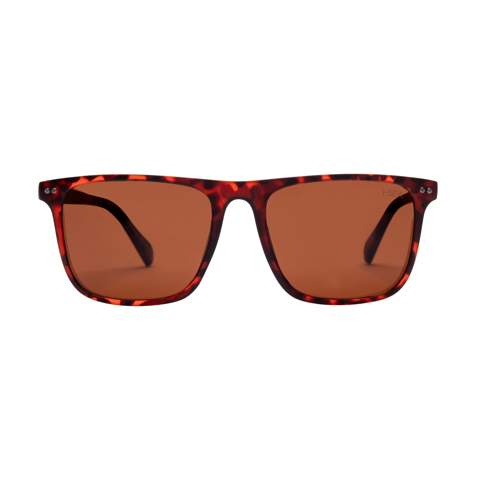Sunglasses with tortoiseshell frame and brown lenses on a white background.
TORT / BROWN POLARIZED LENS