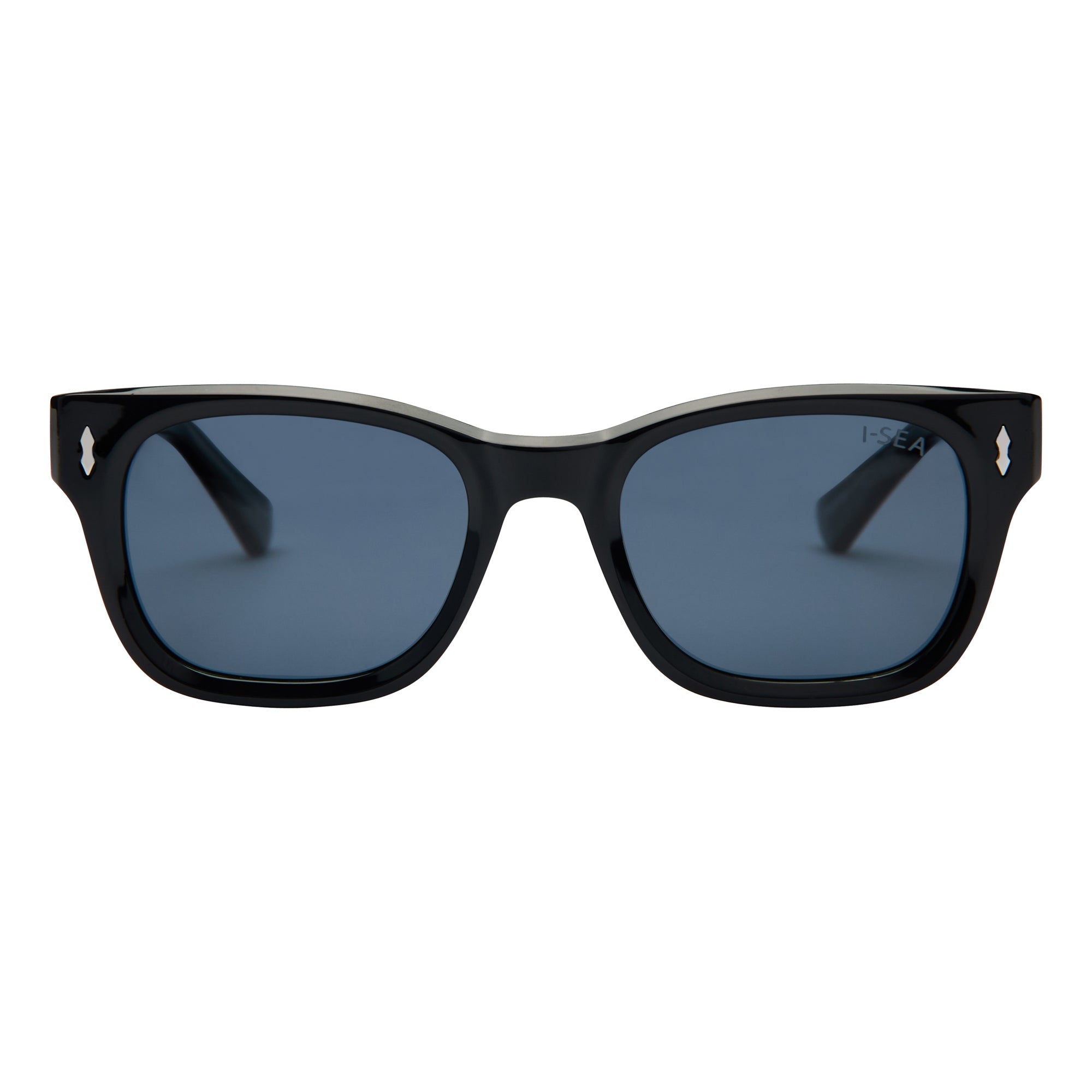 Black sunglasses with blue lenses on a white background.
BLACK / SMOKE POLARIZED LENS
