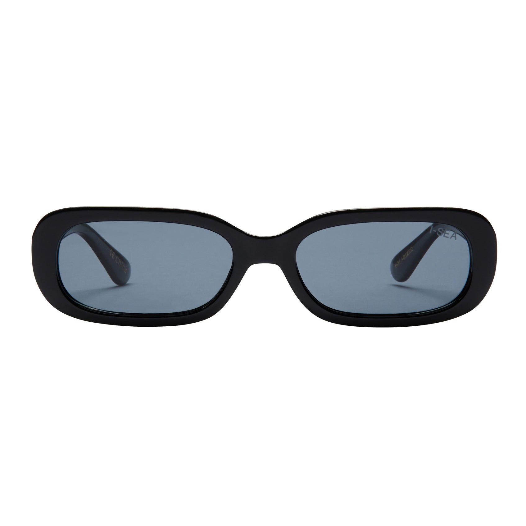 Black sunglasses with blue lenses on a white background.
BLACK / SMOKE LENS POLARIZED