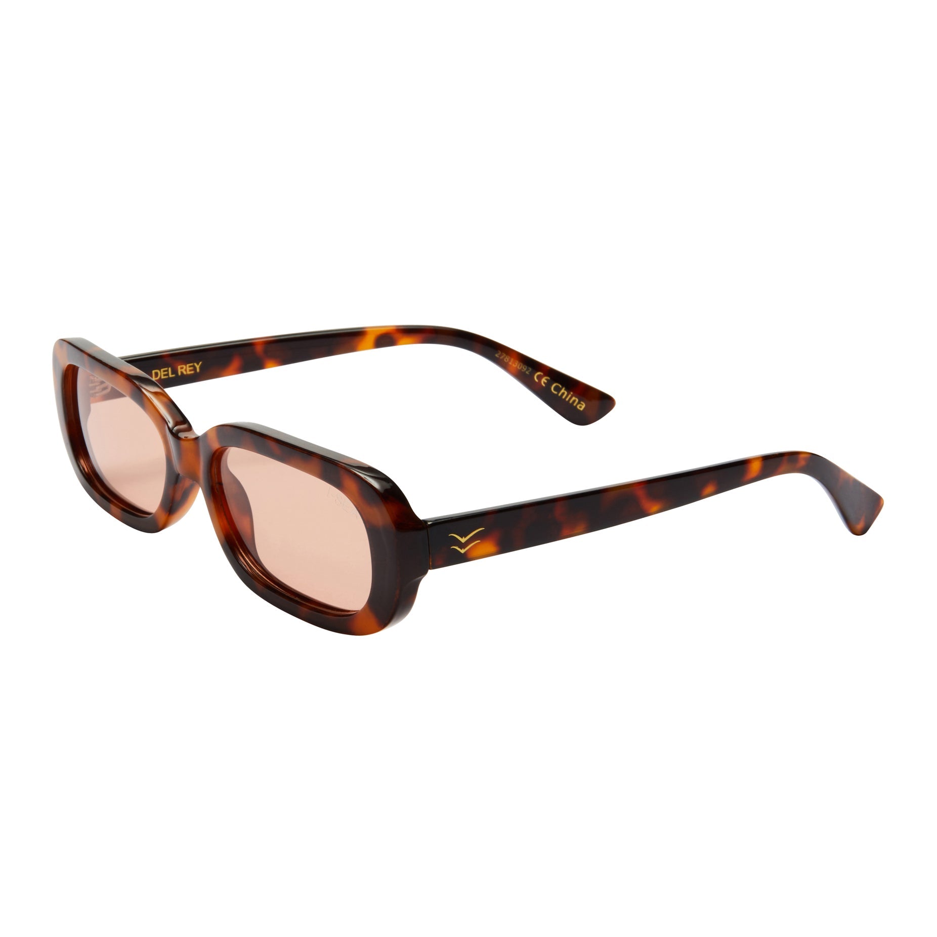 Sunglasses with tortoiseshell frame and pink lenses on a white background.
TORT / PEACH POLARIZED LENS