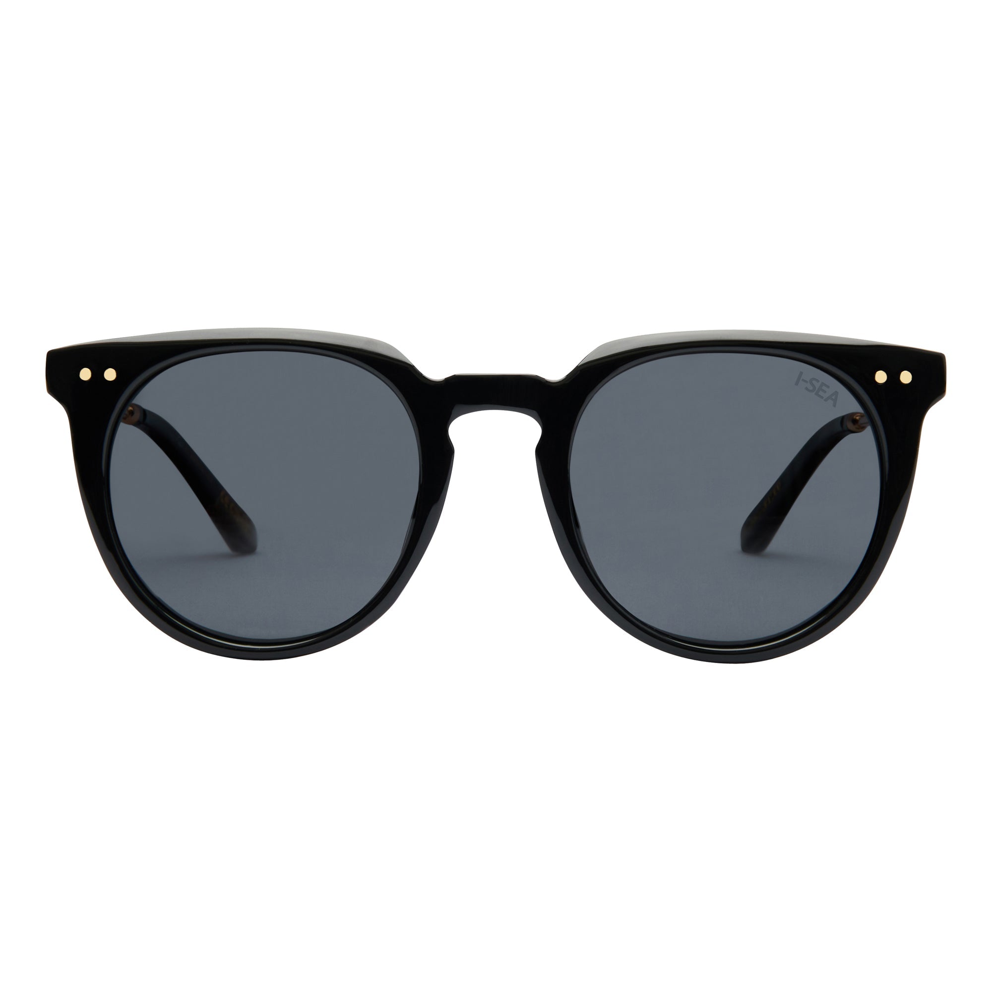 Black sunglasses with dark lenses on a white background.
BLACK / SMOKE POLARIZED LENS