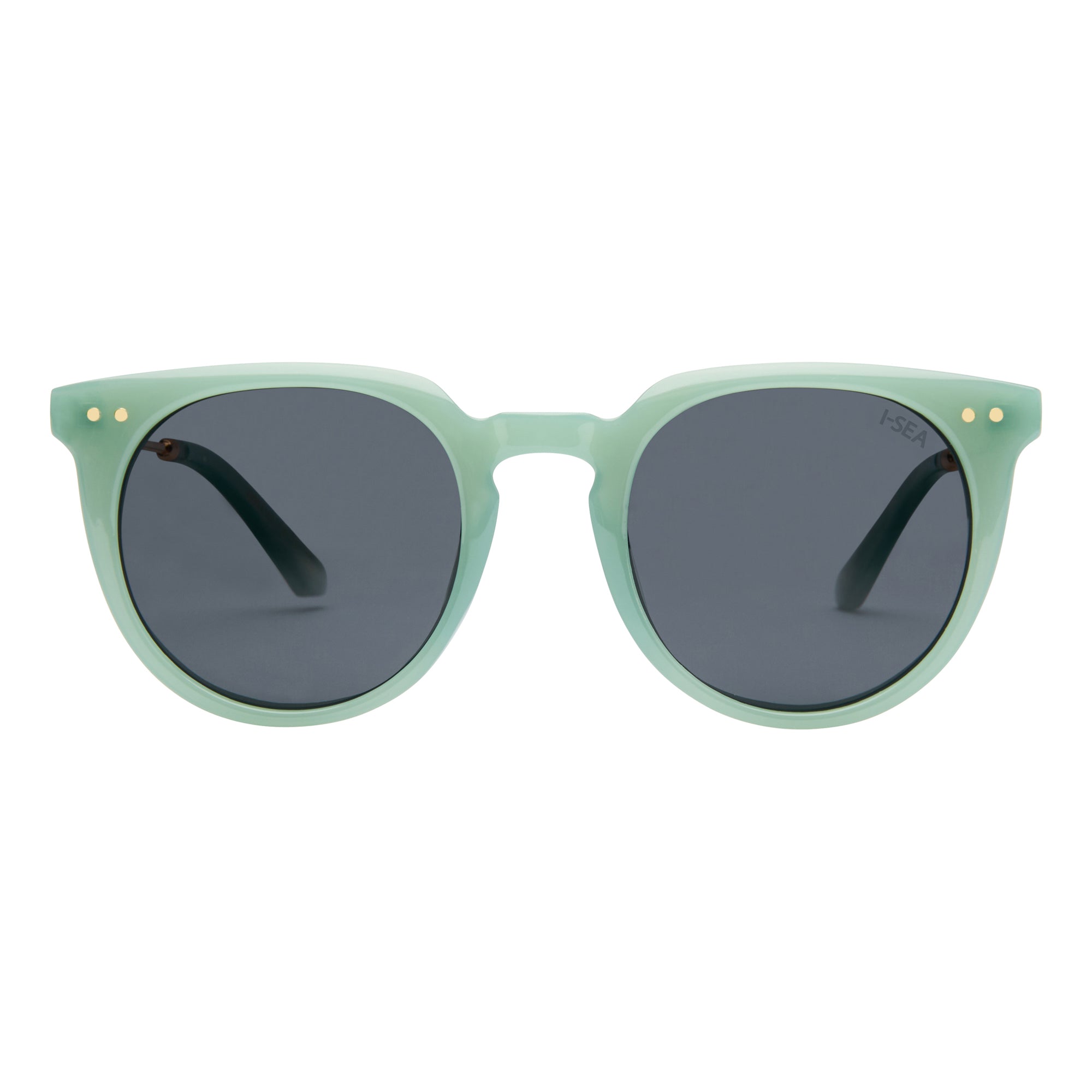 Green sunglasses with dark lenses on a white background.
SAGE / SMOKE POLARIZED LENS