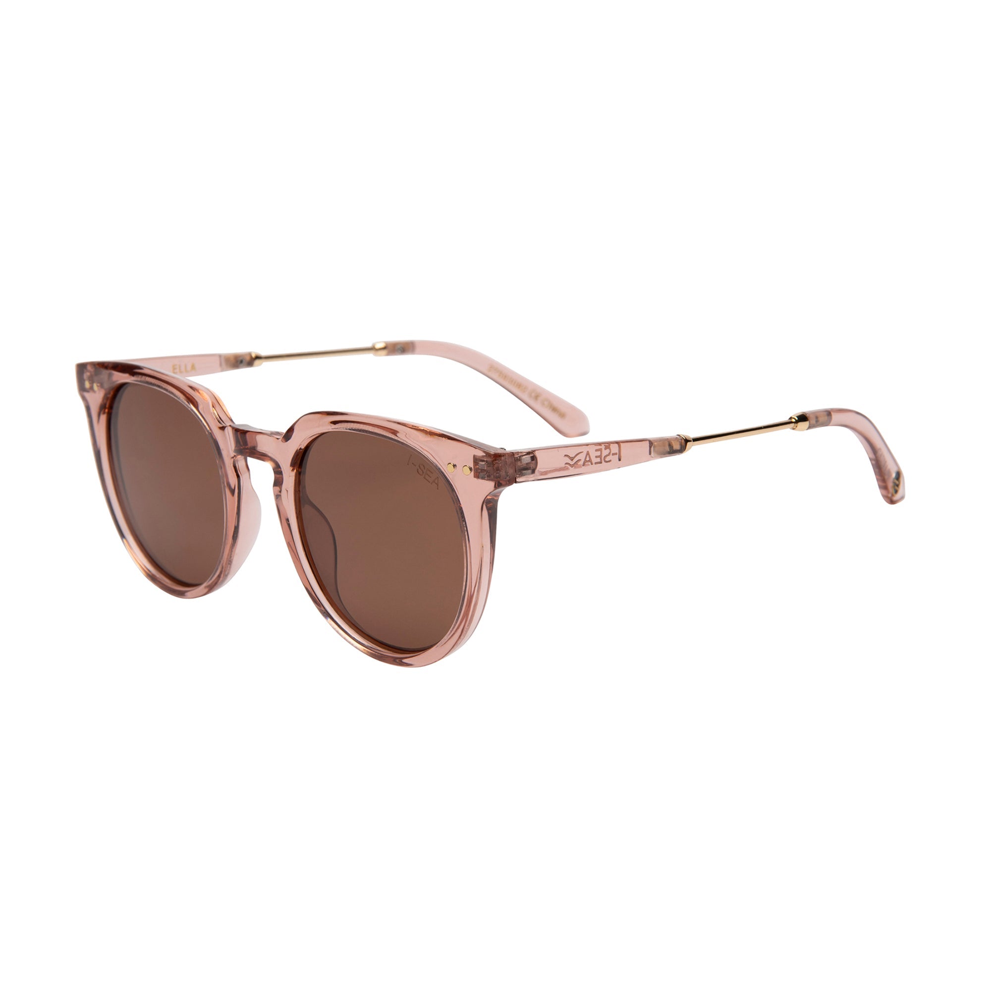 Sunglasses with a rose gold frame and brown lenses on a white background.
WATERMELON / BROWN POLARIZED LENS