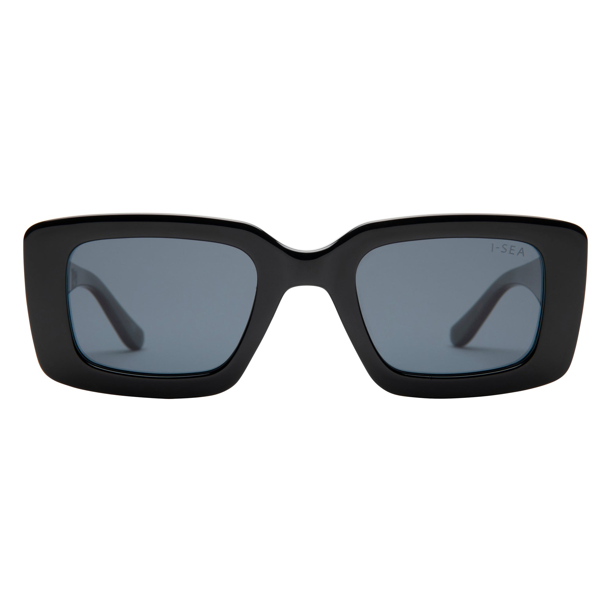 Black sunglasses with dark lenses on a white background.
BLACK / SMOKE POLARIZED LENS