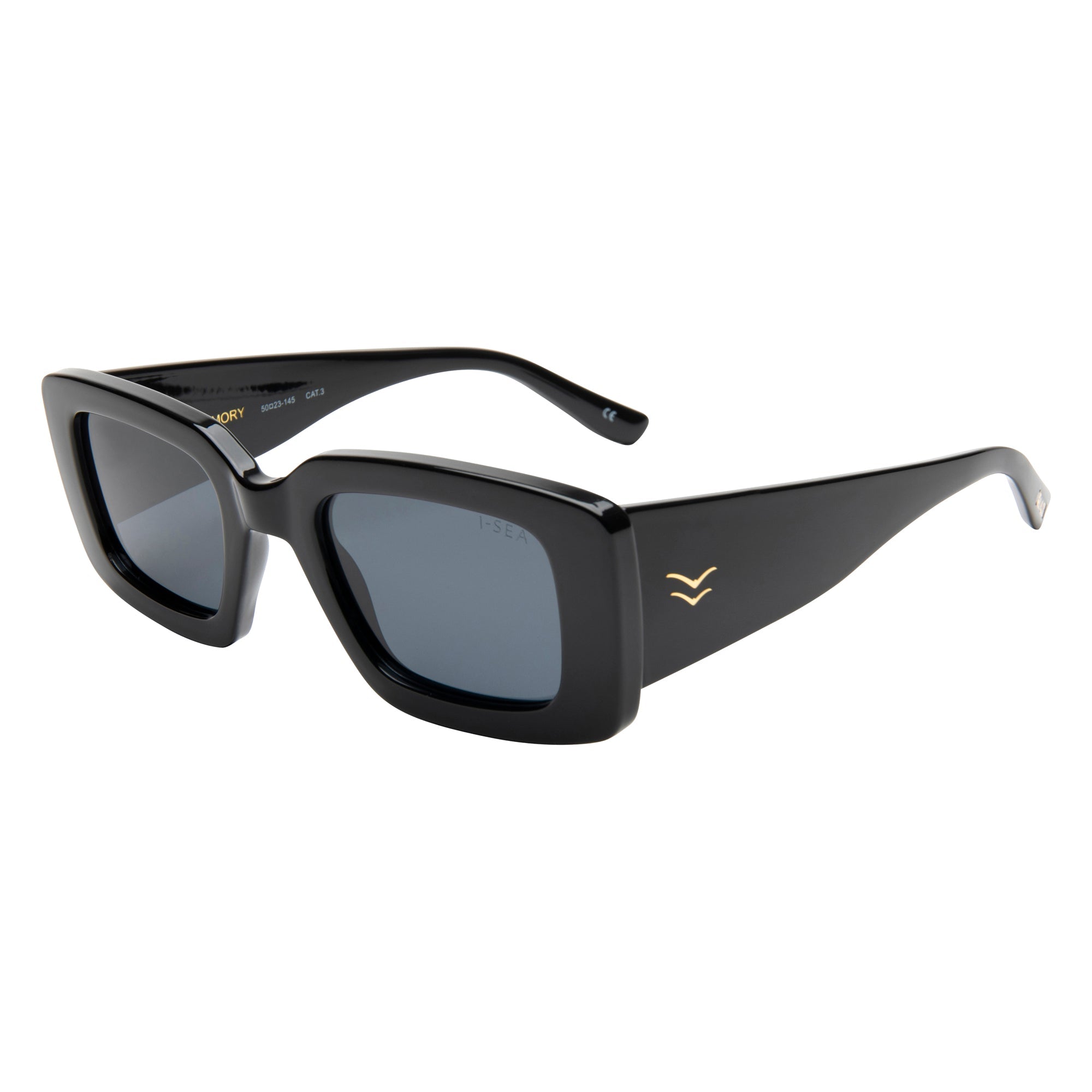 Black sunglasses with a logo on a white background.
BLACK / SMOKE POLARIZED LENS